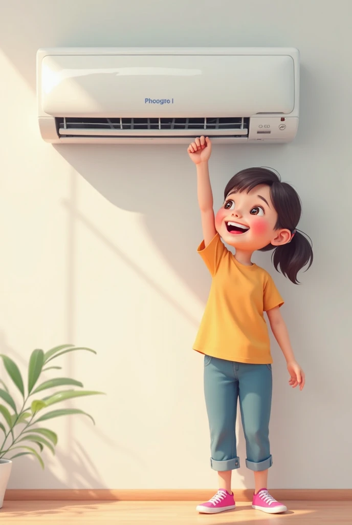 girl turning on the air conditioning