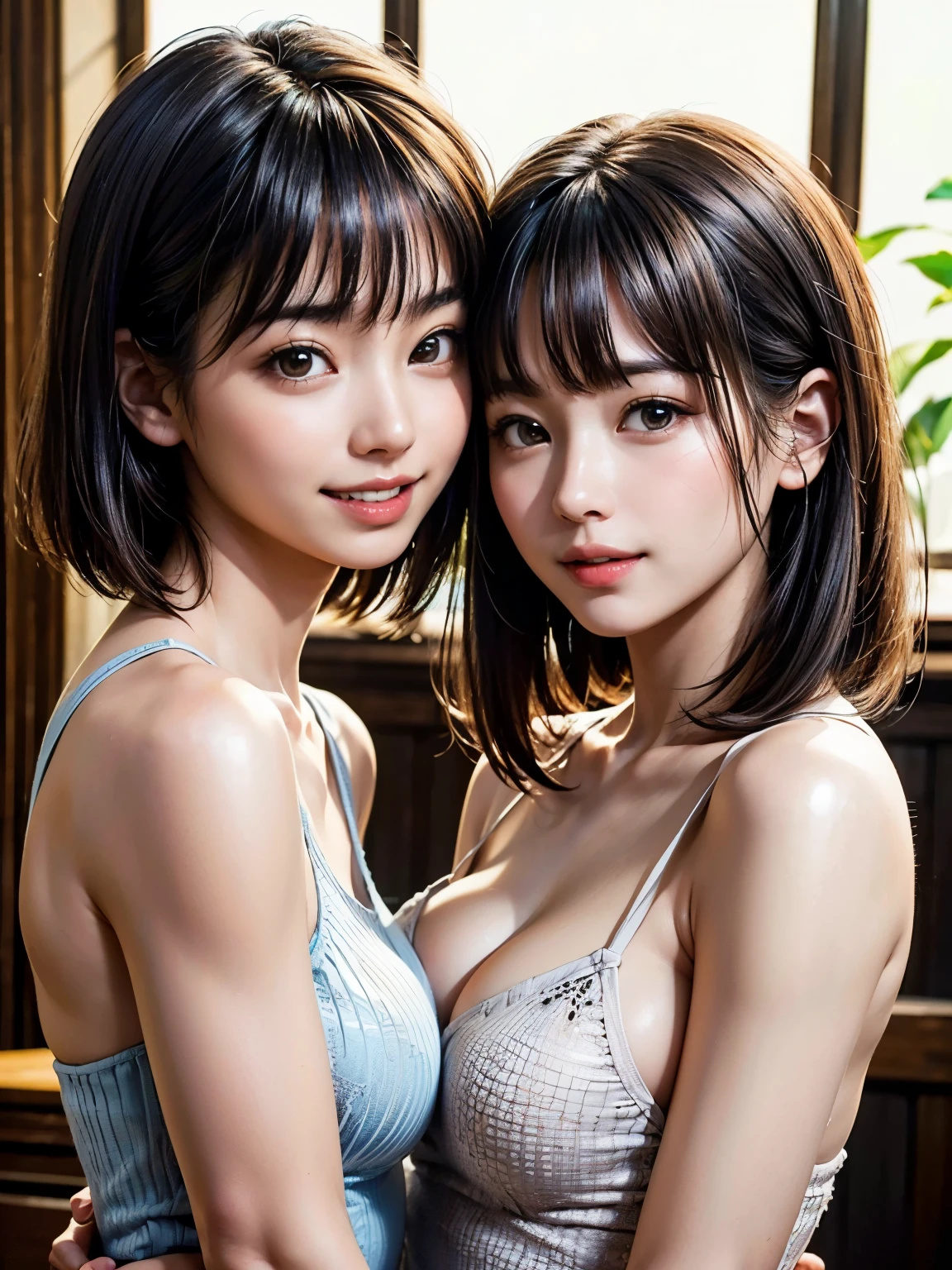 2Cute Japanese girls、Hugging each other She is wearing a floral super micro bikini Full body shot Facing forward and smiling Hotel room at night realism, Realistic, ((Ultra-Realistic Details: Velvety Skin, Short blonde hair swept to the side, Symmetrical lips, Bright glossy red lipstick, Long Blue_eyelash, student, break ((brown_eye))), Anatomically correct, Perfect proportions), break Hyper-PhotoreaListic ((Portraiture)) Cute models: , Digital SLR, Top quality soft lighting, Sharp focus captured with the Fujifilm XT3, 5 ....6, In dramatic lighting, L (Perfect composition), ((Pale skin)), ((dry skin)),