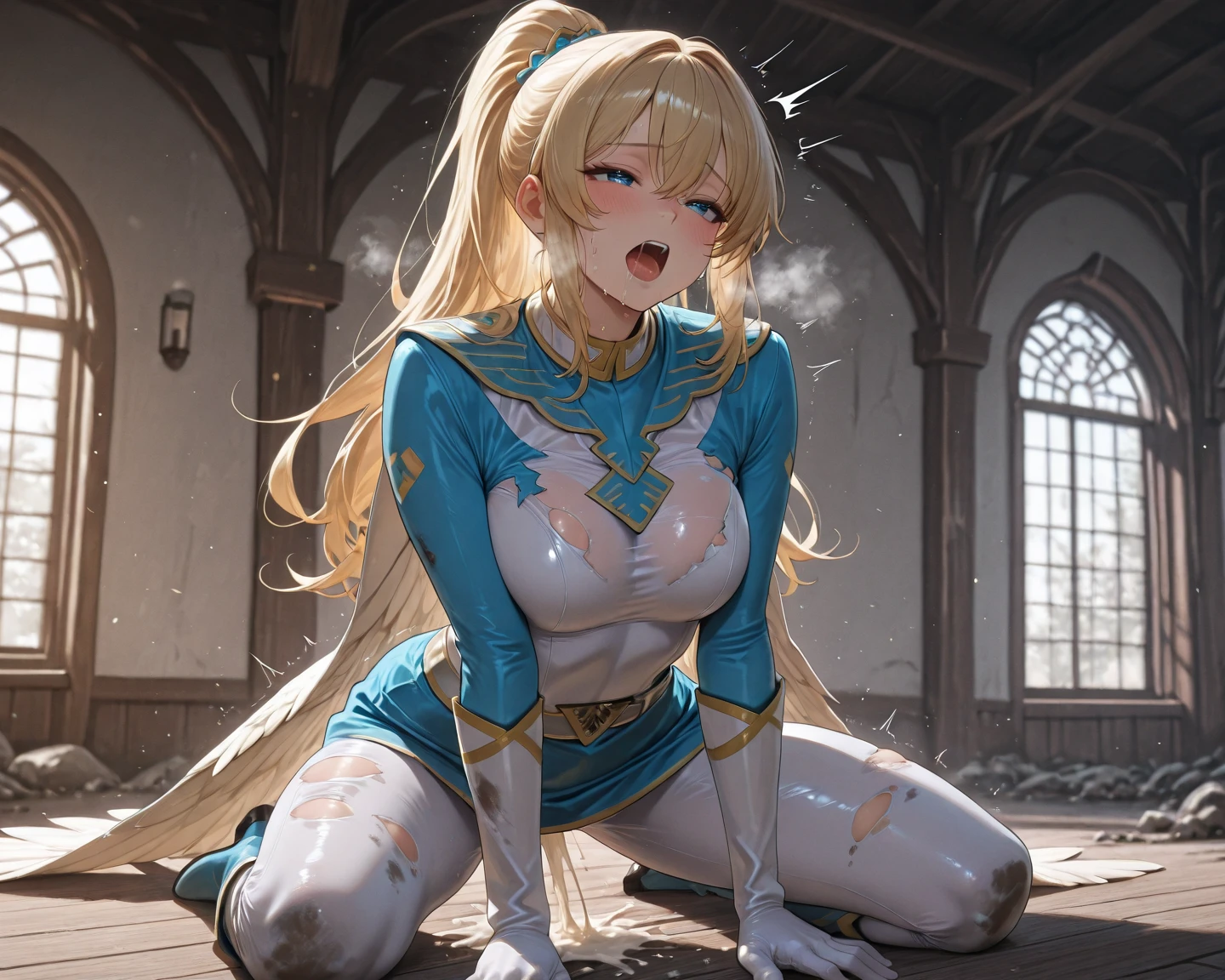 Highest quality, Soft Light, Ultra-high resolution,People Girls, alone, sexy, (Ecstatic face), (Blue eyes), Beautiful face in every detail,(High resolution detail of human skin texture), (Golden medium hair), break,Medieval Armor,(Fellatio gestures:1.5), (Open your mouth:1.2),tongue,(Sweat:1.5),Sigh,skirt,Crossing your legs,Saliva dripping from the mouth,Both hands are tied behind his back