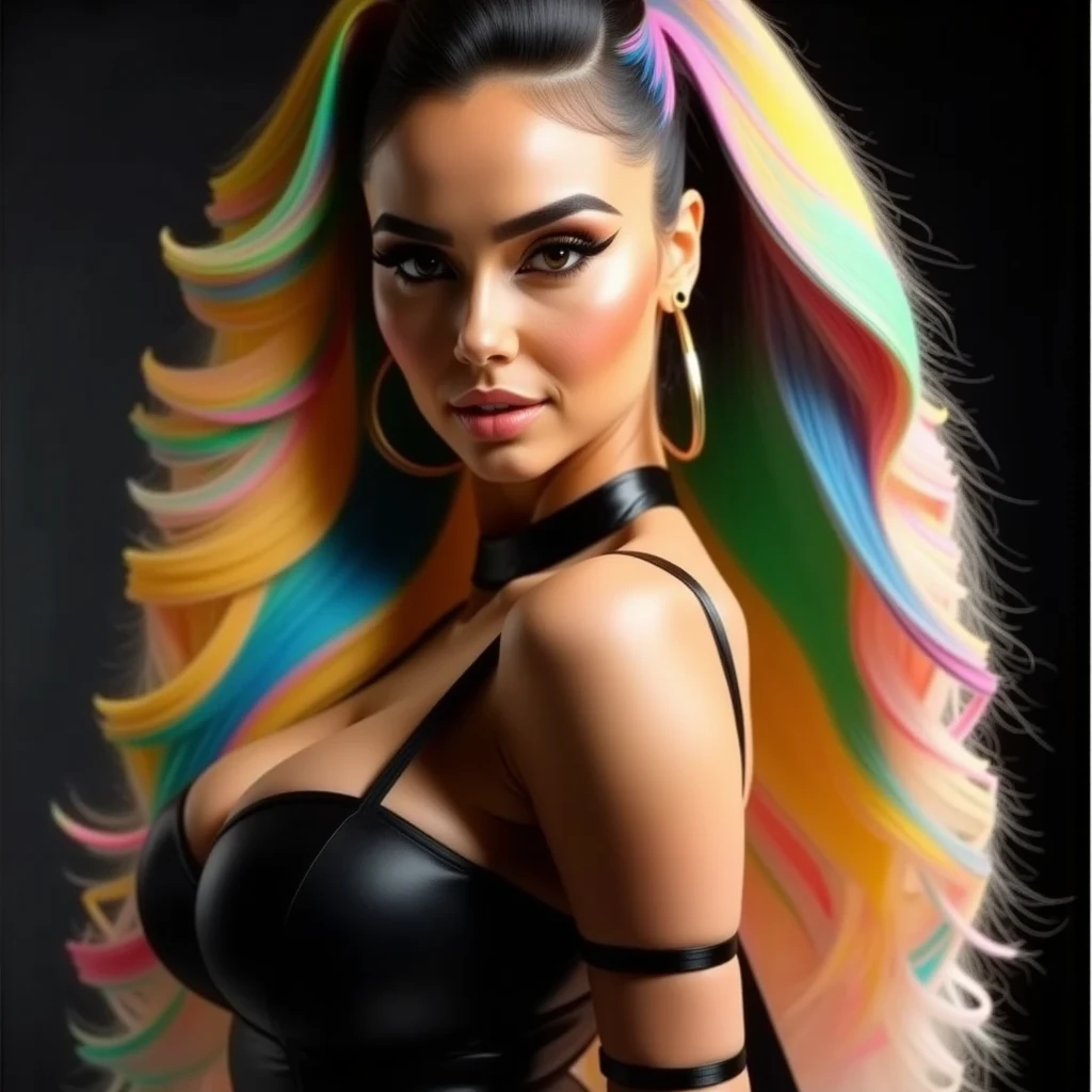 full body of a beautiful ethereal woman, her very long magenta hair cascading down in soft waves, framing a face of extreme detail and elegance. Her eyes, big and colorful, boast three gradient teal shades of eyeshadow and eyeliner, accentuating her double eyelids and long lashes. Rosy cheeks adding a touch of warmth to her ethereal beauty, and her skins glossy texture shines in the cinematic light, highlighting each and every realistic pore and Wrinkle. Full lips adorned with golden glitter on her lipstick, complementing the magenta and teal jewels she wears around her neck and wr