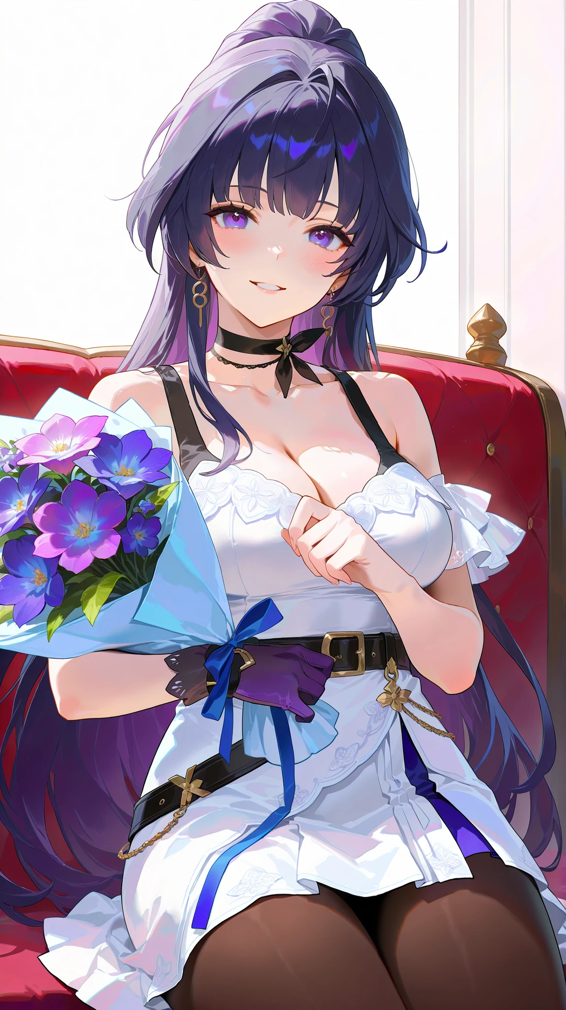 masterpiece, top quality, best quality, official art, beautiful and aesthetic:1.2),(8k, best quality, masterpiece:1.2), (((masterpiece))),(((best quality))),(((extremely detailed))), illustration, who, (masterpiece, top quality, best quality, official art, beautiful and aesthetic:1.2),(8k, best quality, masterpiece:1.2), raiden mei, pantyhose, high heel boots, single glove, earrings, layered dress, ribbon choker, tank top, detached sleeves, white background, simple background, 1girl, single glove, solo, gloves, purple eyes, bouquet, purple gloves, looking at viewer, long hair, smiling, pantyhose, flowers, couch, holding, purple hair, sitting, choker, breasts, dress, blush, black choker, white dress, holding bouquet, bare shoulders, purple flowers, collarbone, brown pantyhose, belt, black pantyhose, parted lips, grinning