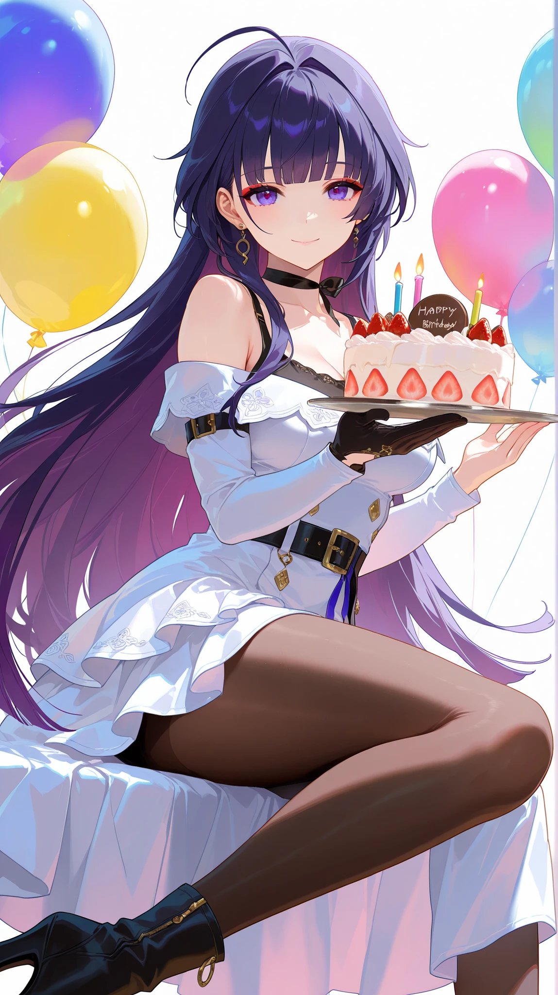 masterpiece, top quality, best quality, official art, beautiful and aesthetic:1.2),(8k, best quality, masterpiece:1.2), (((masterpiece))),(((best quality))),(((extremely detailed))), illustration, who, (masterpiece, top quality, best quality, official art, beautiful and aesthetic:1.2),(8k, best quality, masterpiece:1.2), raiden mei, pantyhose, high heel boots, single glove, earrings, layered dress, ribbon choker, tank top, detached sleeves, white background, simple background, 1girl, cake, long hair, food, solo, looking at viewer, purple hair, purple eyes, smile, jewelry, bare shoulders, earrings, dress, holding, birthday cake, indoors, balloon, white dress, breasts, belt, strawberry, fruit, closed mouth, long sleeves, off shoulder, blunt bangs, very long hair, happy birthday, upper body, candle, black belt, makeup