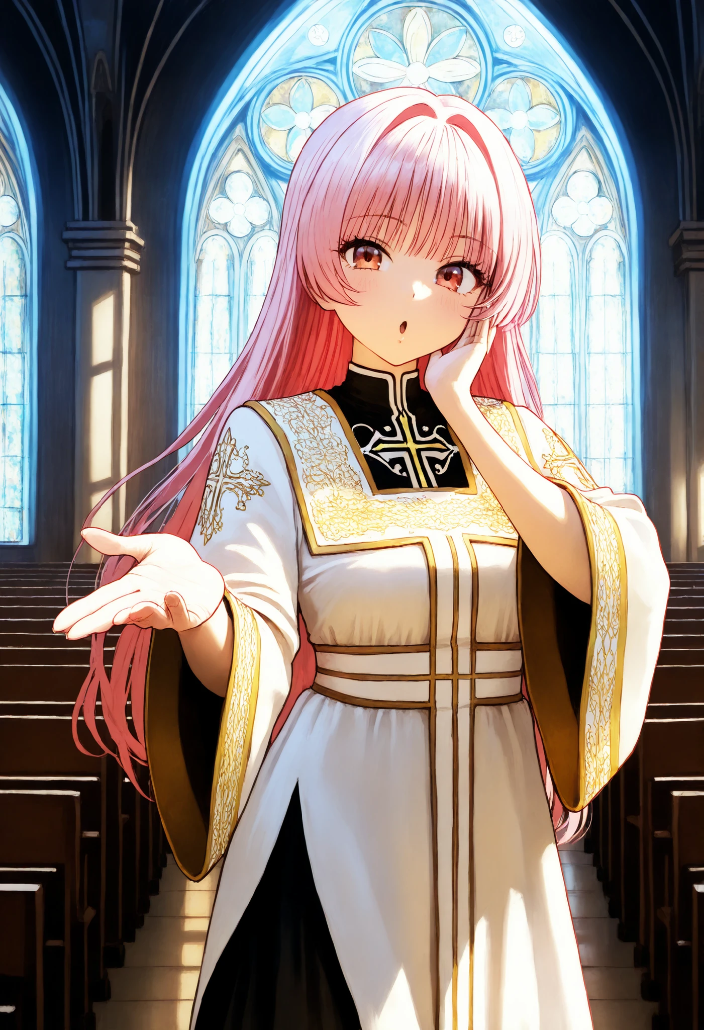 Blowing a kiss with her right hand, making a V sign with her left hand on cheek, The Church, the Saint. An appeal to the faithful, White robe with gold embroidery, pink Hair