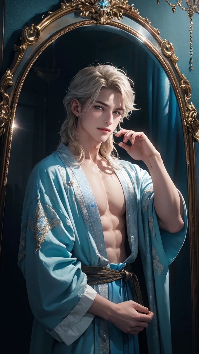 masterpiece, best quality, handsome 19 year old, fair skin male, medium length white hair, perfect face, chest abs, masculine, shoulder length white hair, blue eyes