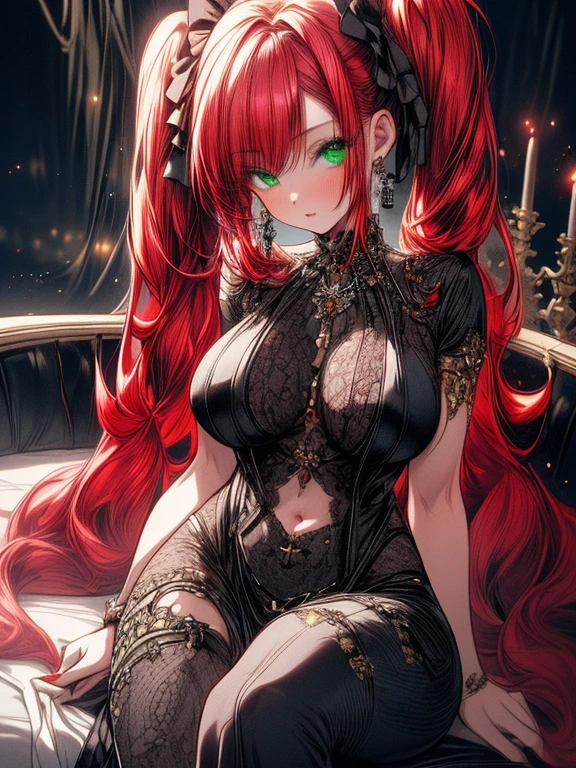 Hindenburg, demonic horns, ahoge,  Very long hair, 
,Latex onesies,Black Jumpsuit,Lower bust,Shiny,skin tight,  , 
1 busty girl,  Alone, Bedrooms, looking at viewert, Large breasts, The face is red, Open your lips, heart - shaped pupils, Hot body,,lie, standing back, hugging pillow \(medium\),