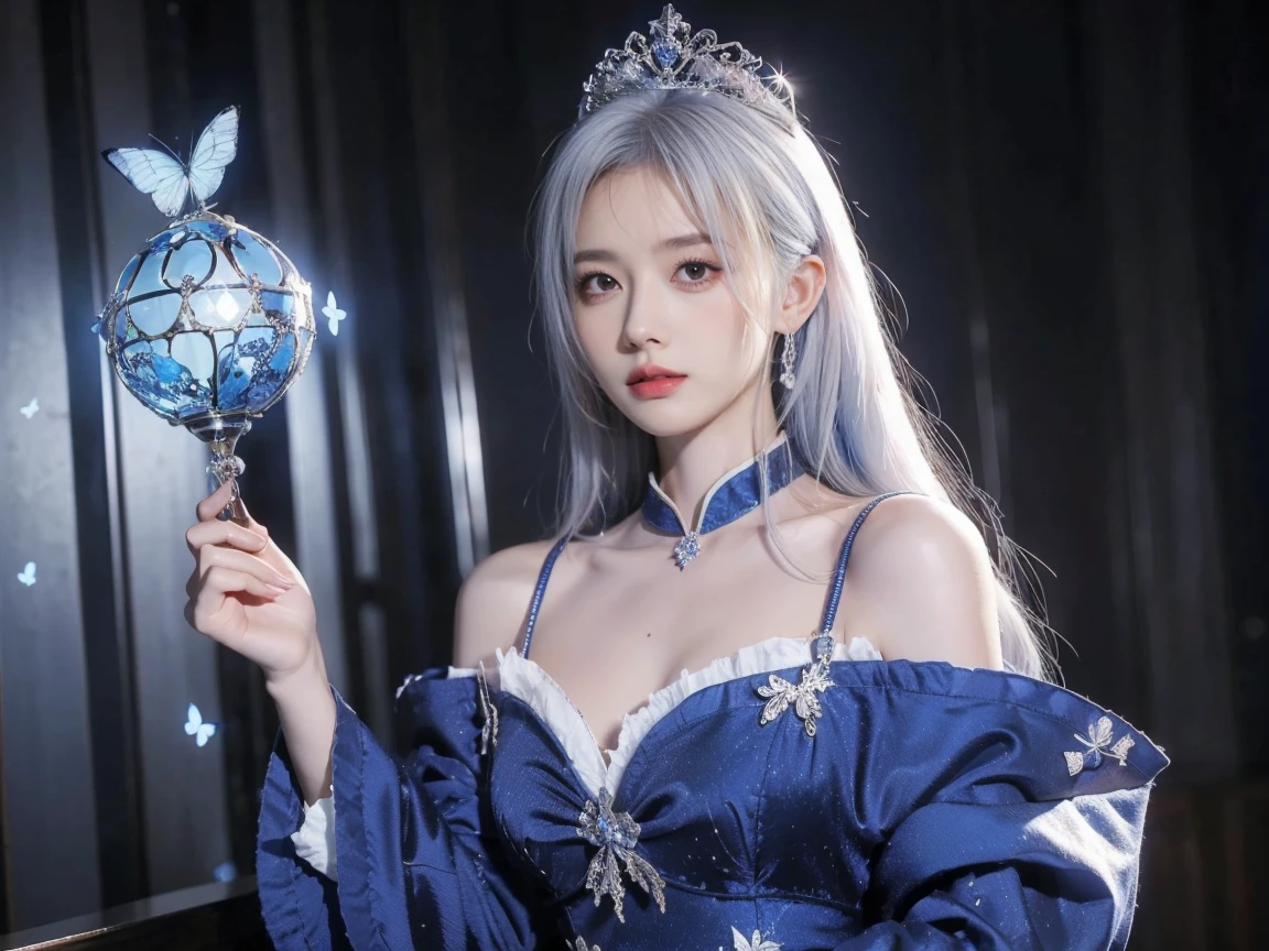 宮殿の床に横たわるIce Queen, she is lying on her back, relaxed pose,( absurdly , high quality , Super detailed,(See photographer )Ice Queen,Crystal costume with detailed, beautiful and colorful patterns,ice queen,ice World,fantasy palace of god