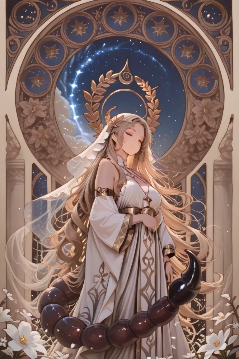 Persephone, in Greek-Roman mythology, is often described as a young, beautiful and graceful goddess. Her youthful beauty is compared to that of her mother, Demeter. She is depicted with long, wavy hair, which can be golden like wheat or dark like fertile earth, often left loose or adorned with flowers and garlands. Their clothing is long, flowing tunics, in light, vibrant colors symbolizing spring and life, or in darker tones, representing their association with the underworld. Persephone is seen with wreaths of flowers, especially daffodils, and may carry a torch, symbolic of her search for light in the underworld, or a cornucopia, representing abundance and harvest. Her expression varies between serene and graceful in spring and more austere and mysterious as queen of the underworld. In addition to daffodils, it is associated with other flowers and plants symbolizing rebirth and renewal, reflecting its role in the changing of the seasons.