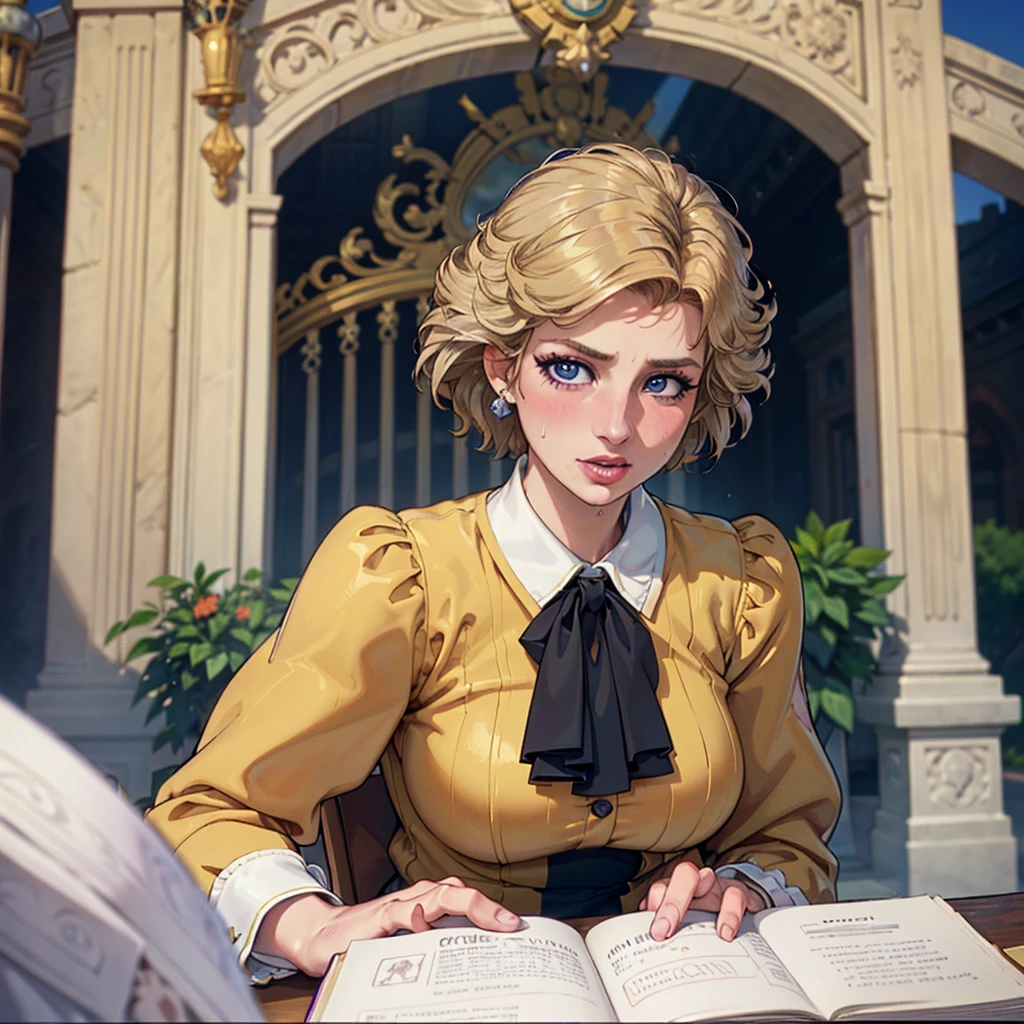solo, smile, cowboy shot, head tilt, holding book, reading, <lora:CastlevaniaTera-v1:0.6> ChopioTera, green eyes, blonde hair, medium hair, lipstick, red lips, mature female, medium breasts, || outfit_1, black dress, brooch, gem, long sleeves, brown corset, underbust, blue skirt, bustle skirt, brown footwear, high heel boots, <lora:kuroboshi_kouhaku_style_v01:1>, absurdres, ultra detailed, masterpiece, best quality, aesthetic, detailed,