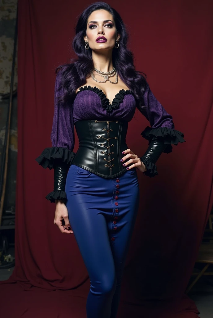 arafed woman with purple lipstick and a blue background, liliana vesahira khan-elena guro-carmilla vampire merged, entire body visible, d&d wizard, sorceress, vampire, mage, dark witch, wearing tight leather pants with a maroon lace corset top, gothic make-up, tattoos, skin and pores 