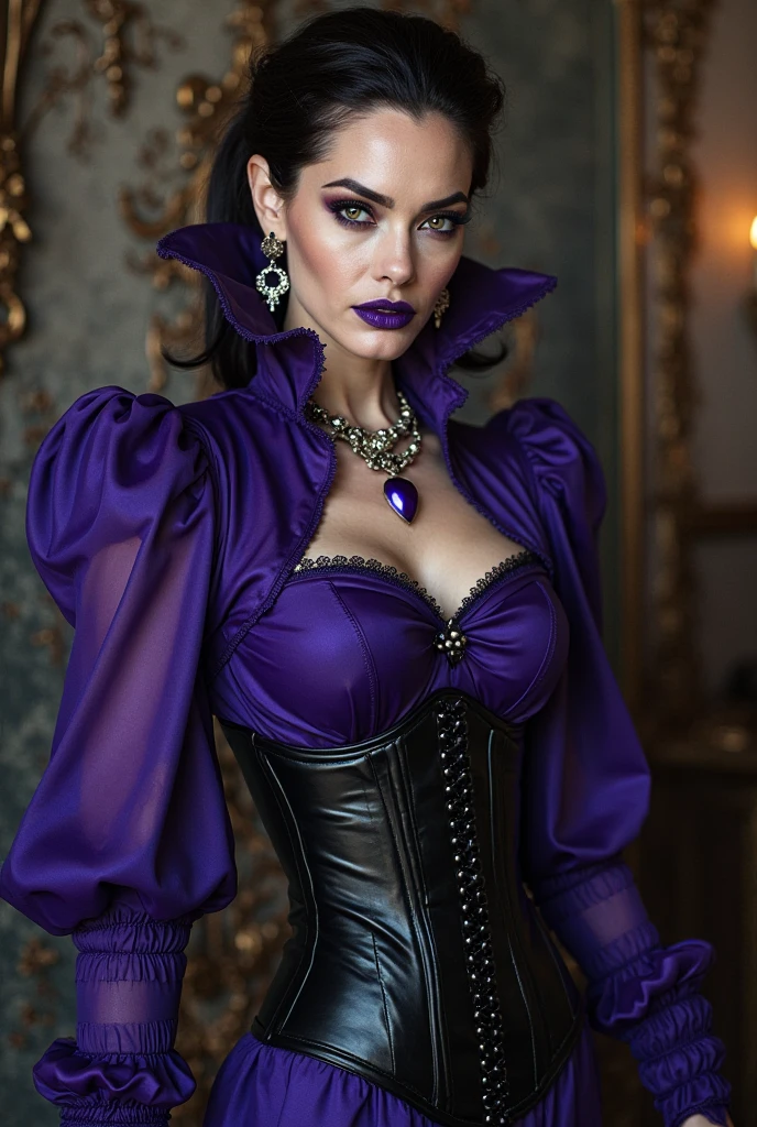 Masterpiece, Yennefer of Vengerberg, intricately detailed background, (UHD, 8K wallpaper, High resolution), Cinematic lighting, award-winning, extremely detailed skin, extra detailed face, high detail eyes, silky (magenta) outfit, photo-realistic, Zeiss 85 mm F/1.4, by Ellen von Unwerth