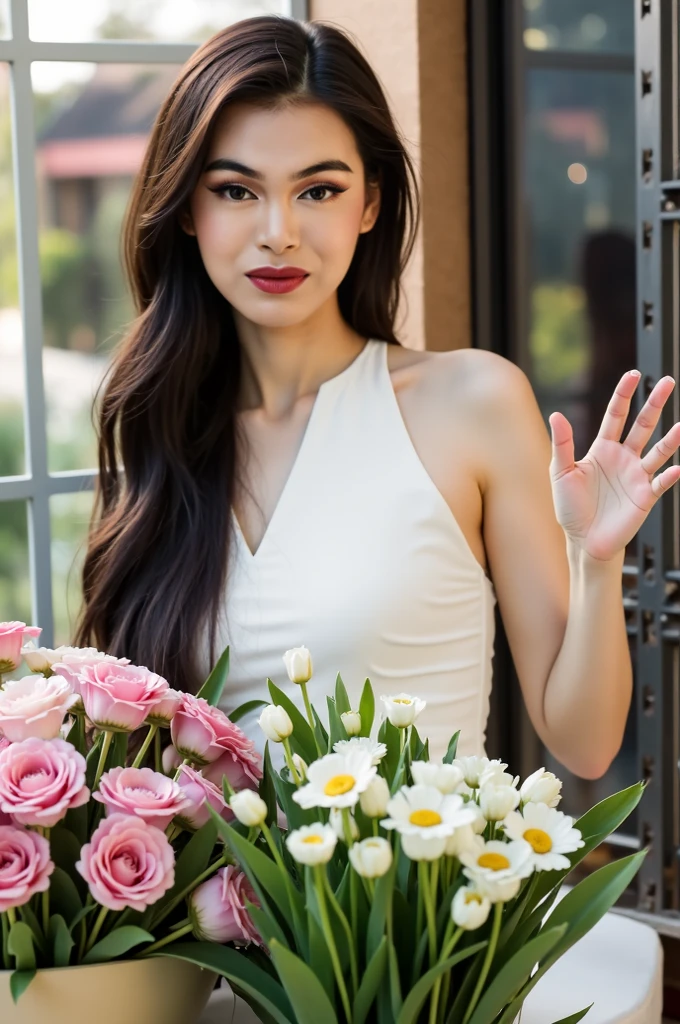 photo of female in city in RAW UHD format (Brown-eyed woman) long (black hair:1.3) Details (textures! , , imperfections: 1.1), DSLR Lighting, SLR camera, Ultra-Quality, sharpness, Crystal clear, sharp-focus, (sharp background:1.5), sunshine , neon lighting, (lit), day time, detailed skin pores, oilly skin, suntan, high riser background, sharp, focused. razor-sharp, composition, light and shadow, perfect proportions, detailed face, smiling, beautiful face, holding beautiful flower bouquet, beautiful white wedding dress, (flowers:1.3), ((wearing beautiful white shoes))