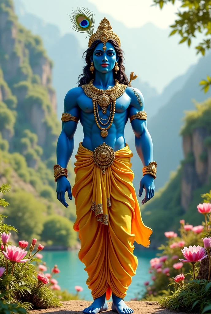shreekrishna, jewelry, blue skin,earrings, long black hair,necklace,flower, orange dhoti,bracelet,makeup,forehead jewel,looking at viewer, smiling, medium shot,
standing, outside, enchanted lake, extreme detail, hdr, beautiful quality, <lora:Krishna_LORA:1>