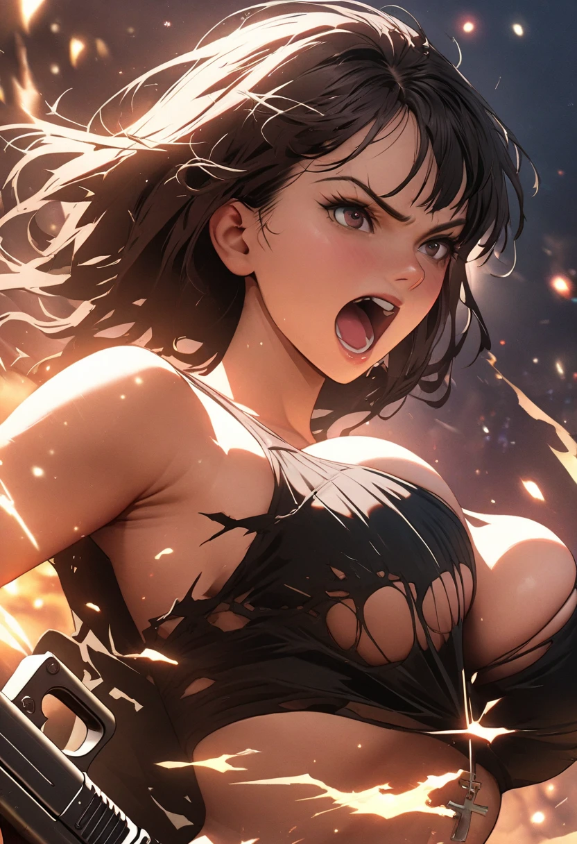 (top-quality、hight resolution、8k、Masterpiece、A collection of the latest technologies)。（Appearance of female warriors：The power of lightning in the right arm、The right arm emits light and burns black smoke due to high heat.、The strongest right hand、Energy from your hands、Curvaceous but slender、accessorized、mole、Eyebrows、double tooth、canine teeth、Fangs of the Beast、red blush、hair that stands on end、poneyTail、disheveled hair、Clear detailed yellow eyes、blondehair、a choker、 a necklace、arm band、Fleshy lips、Physical beauty、well-muscled、Wear a white T-shirt、Wear oversized jeans、unreal、Depiction in motion、angry expressions）、Background with：Volcanic fields with magma。Rubble and pebbles float up、They are floating all over her body。 Gain power comparable to God、Depict the moment of her readiness to face a vicious enemy from now on.。Backgrounds with depth、Magma visible in the distance、Sunlight shining in、Navel Ejection、cleavage of the breast、View from the top of the volcano、Overlooking the lower world、A small village can be seen faintly in the distance、