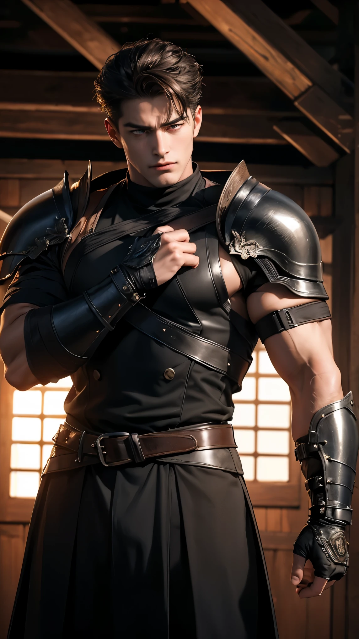 Create a male warrior android with a chainsaw blade 