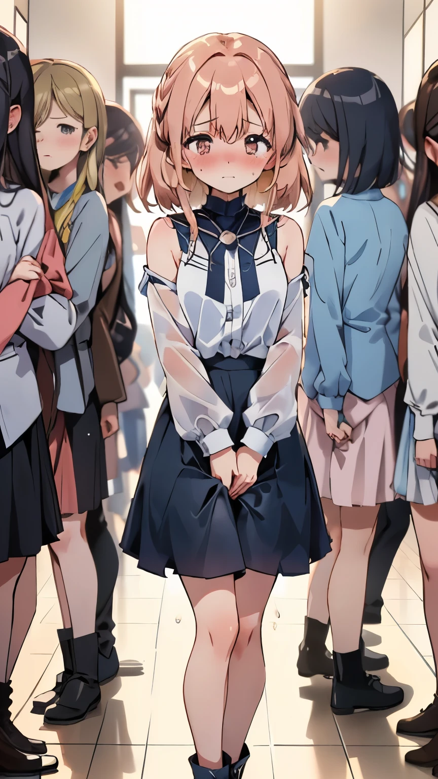 (pov_hand:1.3), masterpiece, best quality, very aesthetic, absurdres, newest,(pink vibrator remote switch in pov_hand, pov:1.2), cowboy_shot, 1girl, focus on girl, embarrassed, blush, lovely, one_eye_closed, open_mouth, tear_in_eyes, saliva, sweatdrop on thighs, sticky panties, vibrator cord bulge, vibrator in garter, In a crowd,Surrounded by people,miniskirt, pantyhose, white_sweater, virgin-killing_sweater,,Akali(league_of_legends),in classroom