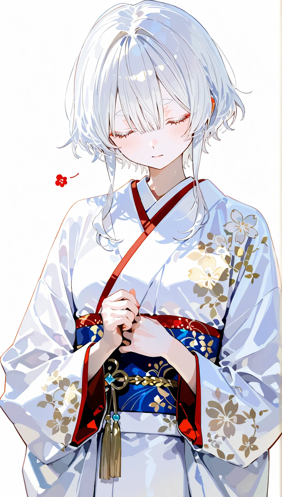 completed anatomy、27Woman of age、 albino、white hair、White eyebrows、Unhealthy skin color、close your eyes、white kimono、calm、standing、white background