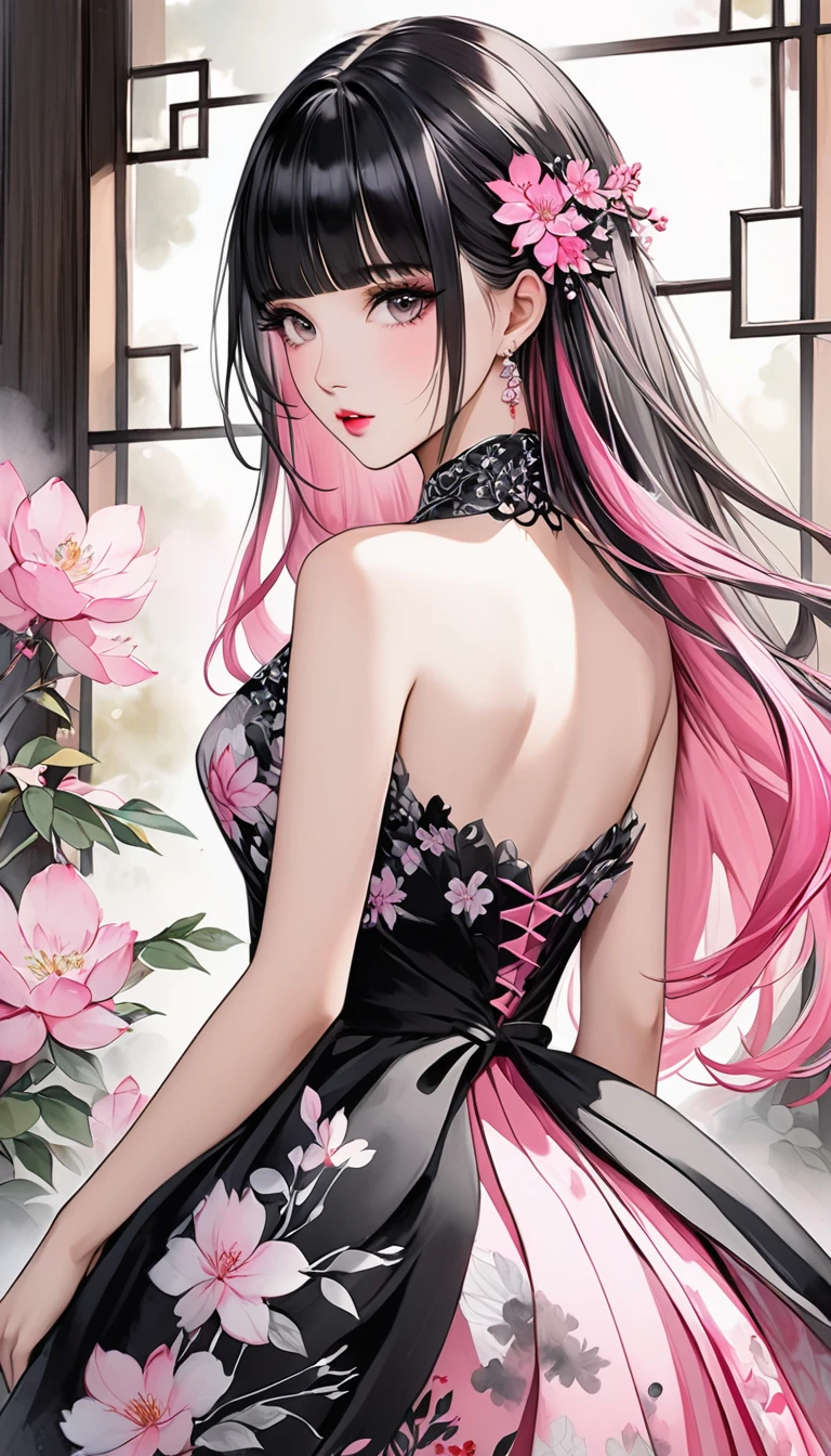  A fusion of ink painting and watercolor painting、dazzlingly beautiful dress、 Bangs , long pink hair (Black highlighted hair)、 best quality、masterpiece、
