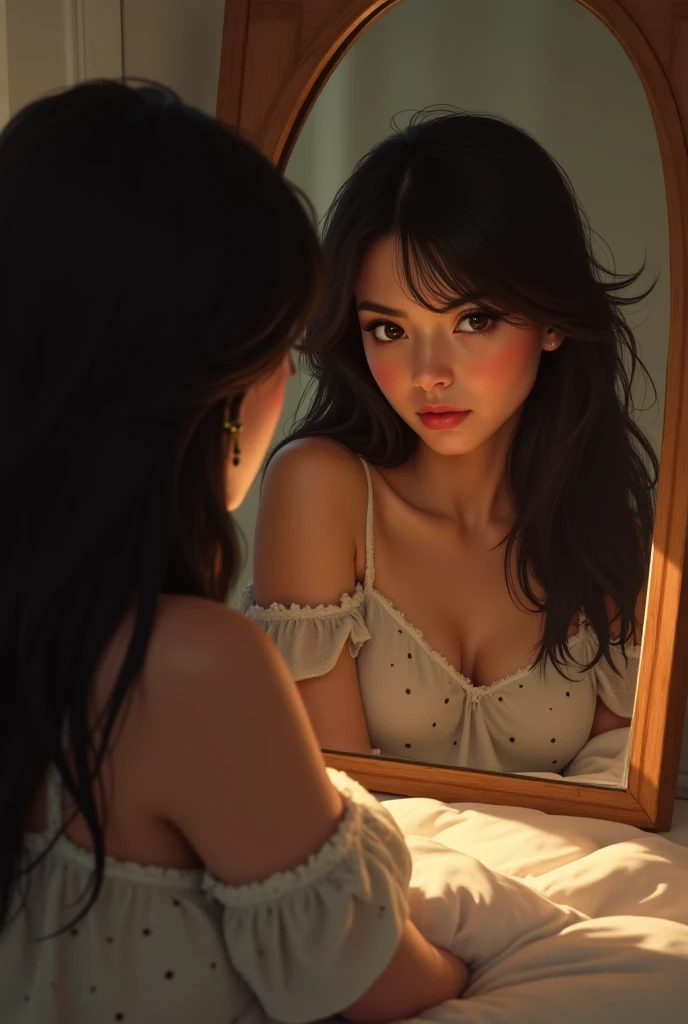 Brunette woman with brown eyes full body sideways facing a mirror 