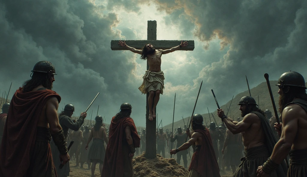 Three crosses, the one in the middle is Jesus with a sign saying King of Kings and he is nailed to the cross covered in blood, several Roman soldiers are watching him and Jesus has a crown of thorns on his head and his hands and feet nailed to the wood and the weather is kind of dark.