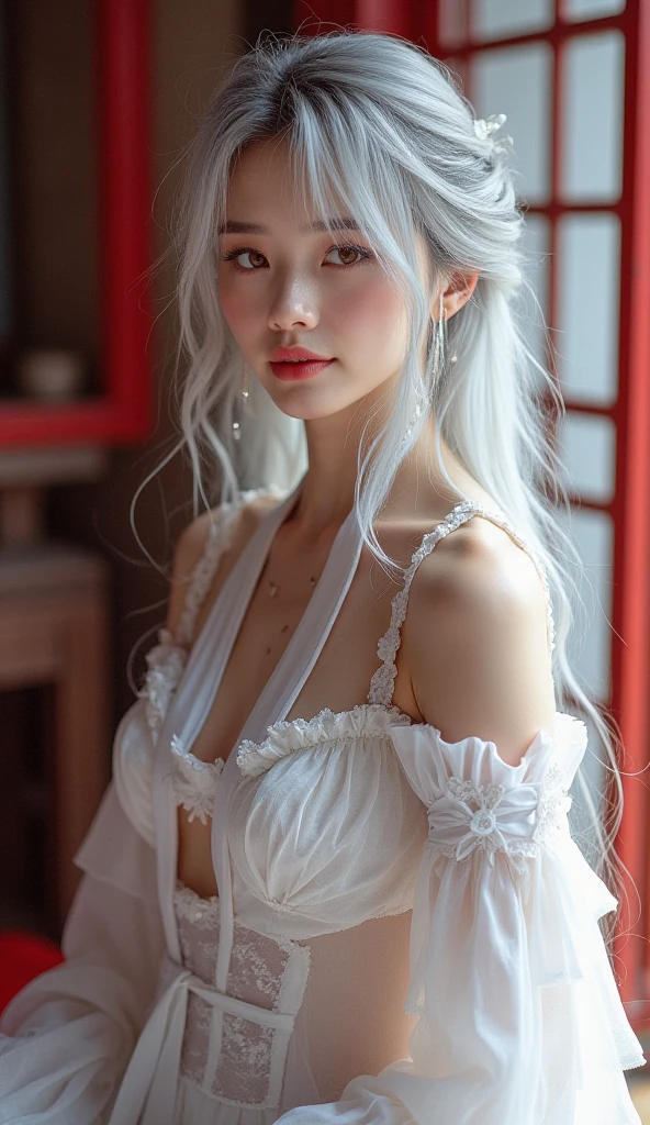 Beautiful mysterious white haired blue eyed woman