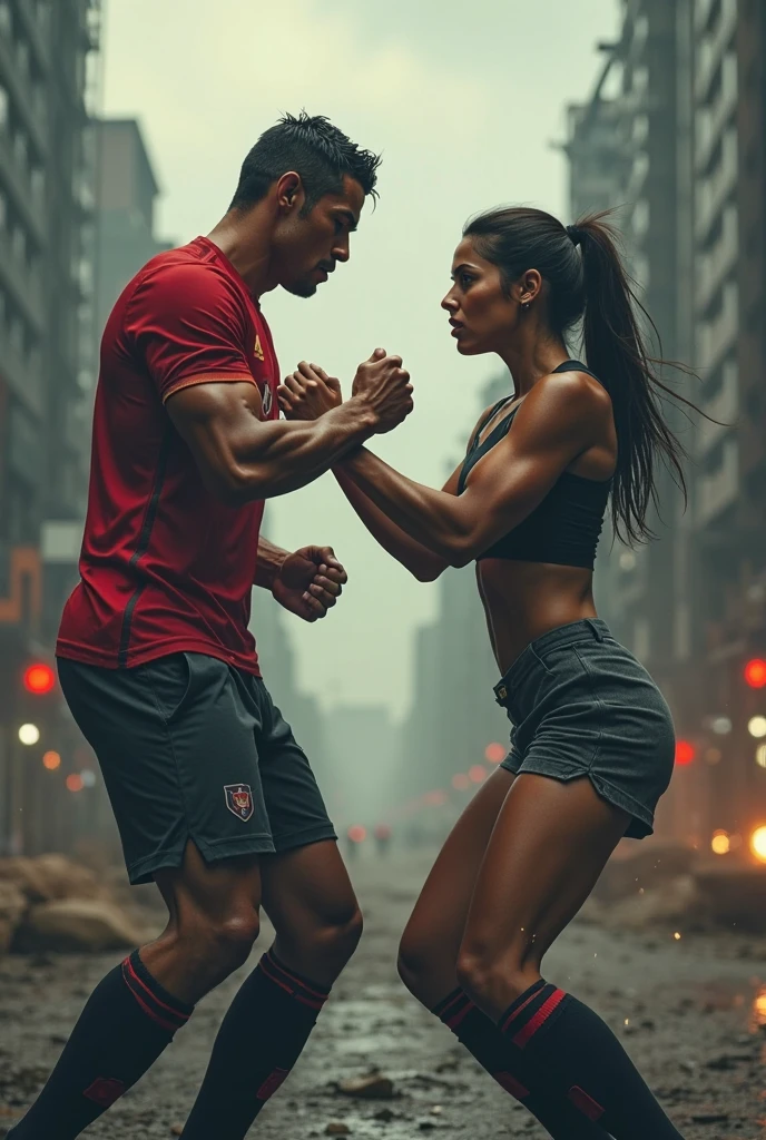 a young woman lifting a scared man over her head, standing on a rooftop near the edge, beautiful detailed face and muscles, strong muscular woman, dramatic action pose, rooftop cityscape, overcast sky, cinematic lighting, photorealistic, highly detailed, cinematic composition, epic scale, dramatic shadows, stunning realism, masterpiece