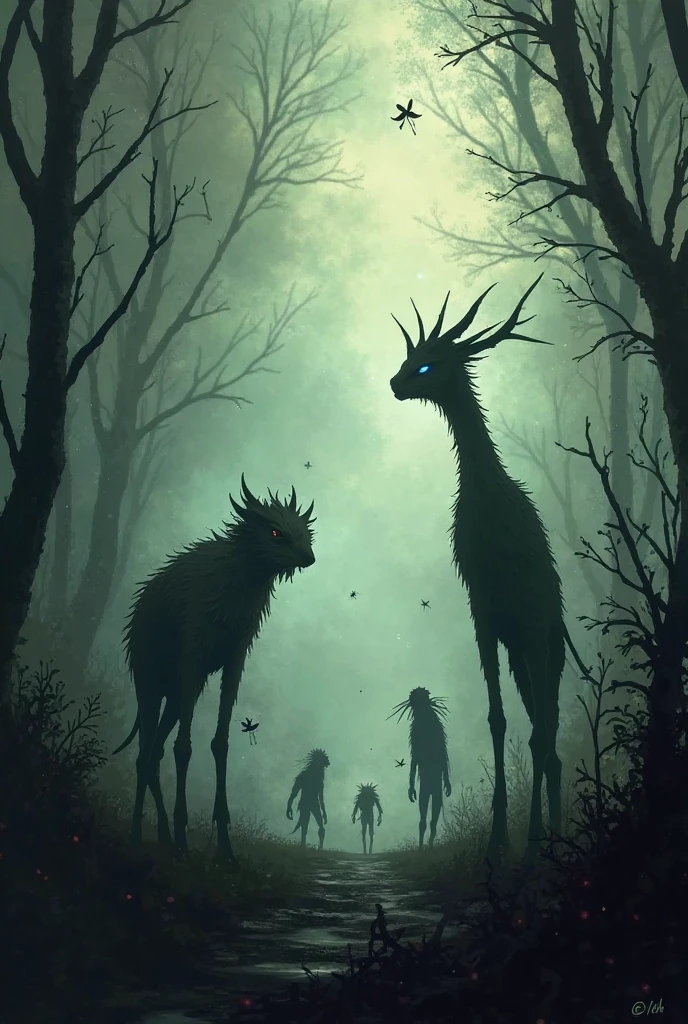 Dark forest-type world with green and dark gray tones. In this world there is a whole ecosystem of magical creatures, including tiny earth fairies and more creatures like trolls., unknown species and more, The forest is dark and there are dark and ugly creatures that are scary..