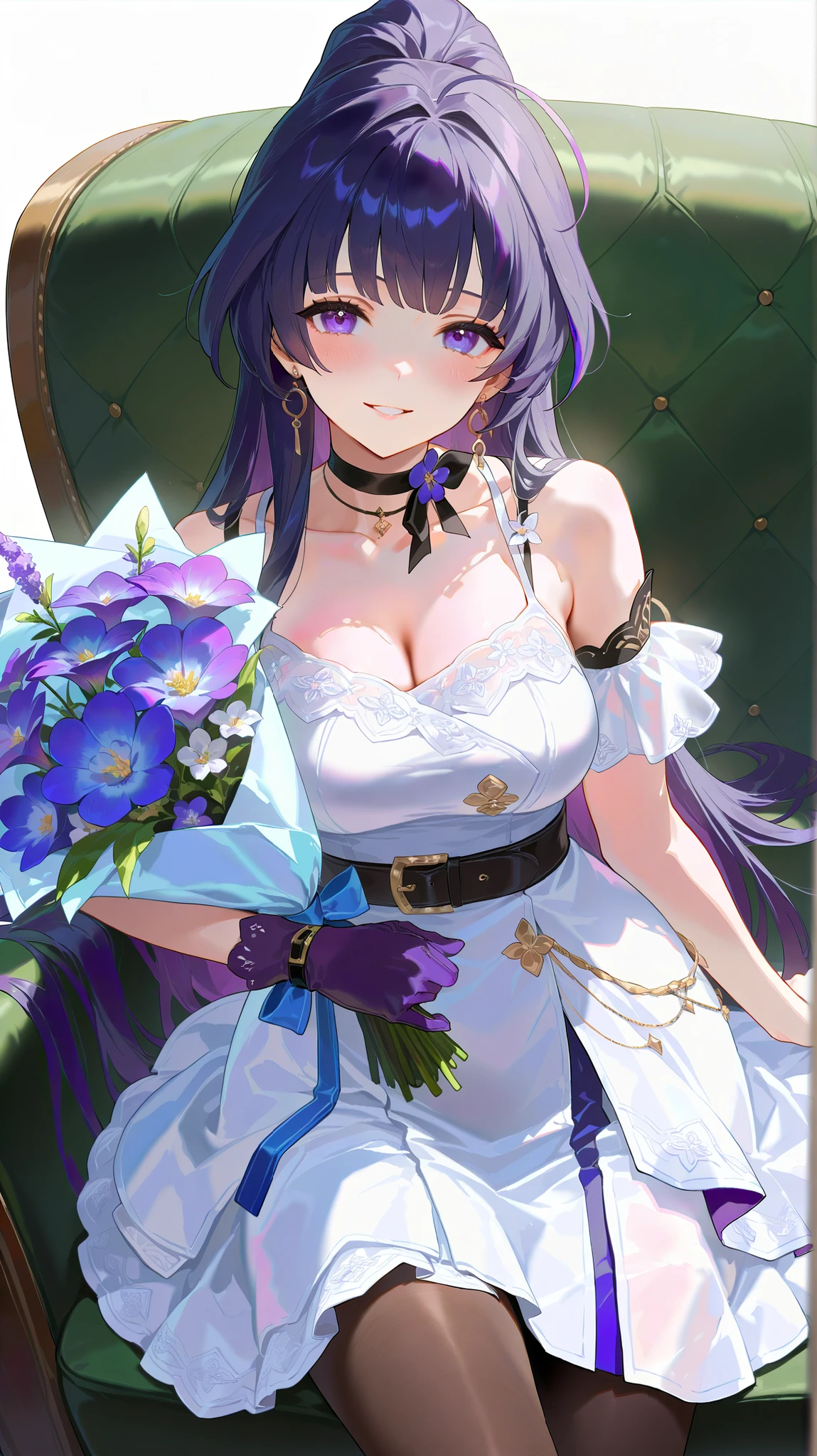 masterpiece, top quality, best quality, official art, beautiful and aesthetic:1.2),(8k, best quality, masterpiece:1.2), (((masterpiece))),(((best quality))),(((extremely detailed))), illustration, who, (masterpiece, top quality, best quality, official art, beautiful and aesthetic:1.2),(8k, best quality, masterpiece:1.2), raiden mei, pantyhose, high heel boots, single glove, earrings, layered dress, ribbon choker, tank top, detached sleeves, white background, simple background, 1girl, single glove, solo, gloves, purple eyes, bouquet, purple gloves, looking at viewer, long hair, smiling, pantyhose, flowers, couch, holding, purple hair, sitting, choker, breasts, dress, blush, black choker, white dress, holding bouquet, bare shoulders, purple flowers, collarbone, brown pantyhose, belt, black pantyhose, parted lips, grinning