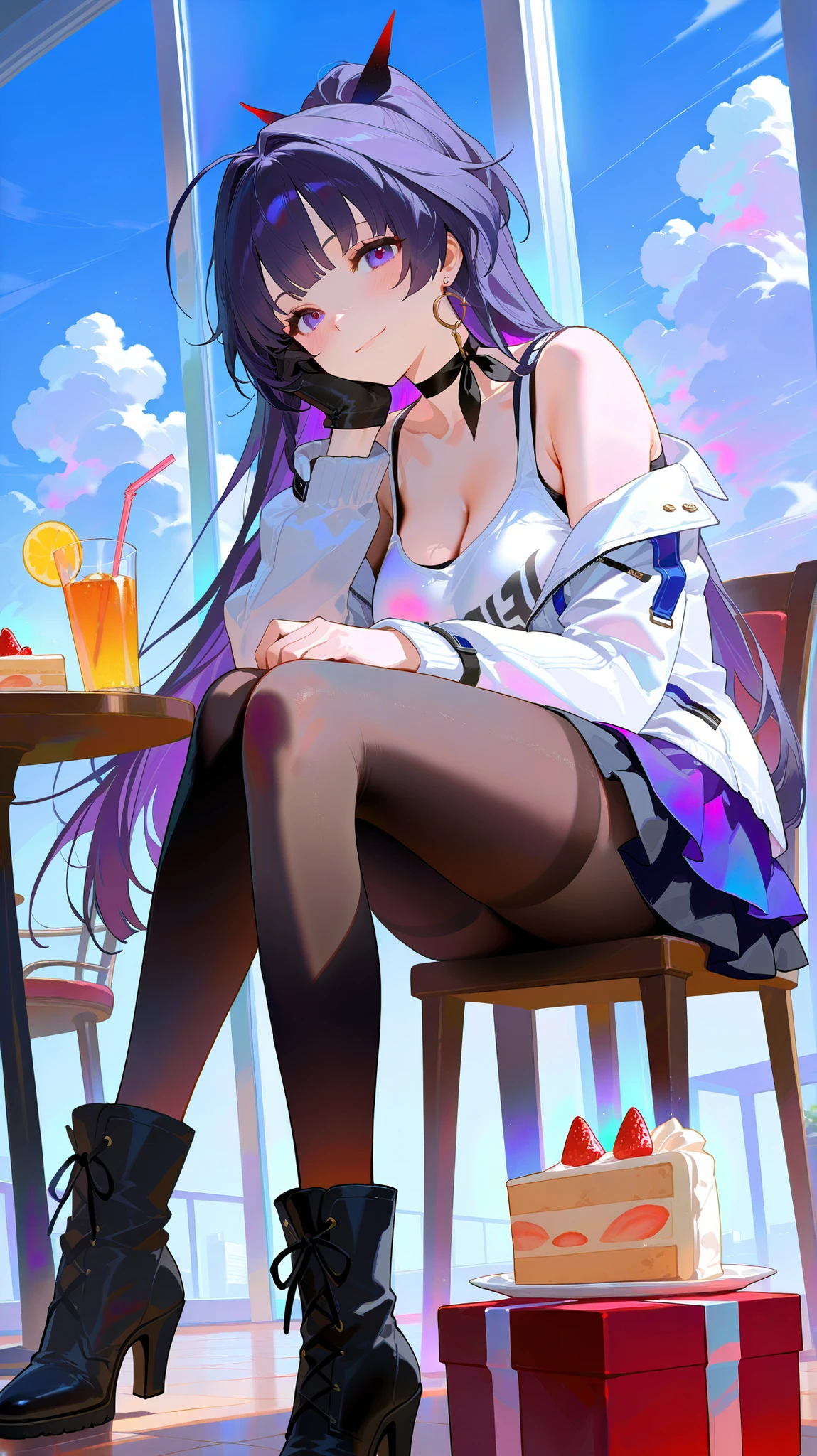 masterpiece, top quality, best quality, official art, beautiful and aesthetic:1.2),(8k, best quality, masterpiece:1.2), (((masterpiece))),(((best quality))),(((extremely detailed))), illustration, who, (masterpiece, top quality, best quality, official art, beautiful and aesthetic:1.2),(8k, best quality, masterpiece:1.2), raiden mei, pantyhose, high heel boots, single glove, earrings, layered dress, ribbon choker, tank top, detached sleeves, white background, simple background, cake, gift, food, gloves, cake slice, window, sitting, cup, black gloves, purple eyes, table, happy birthday, indoors, smile, 1girl, purple hair, gift box, jacket, thighhighs, drinking straw, solo, shirt, long sleeves, closed mouth, white shirt, looking at viewer, chair, long hair, bare shoulders, plate, breasts, choker, blush, box, cloud, sky, sandwich, cleavage, off shoulder, birthday cake, white jacket, cloudy sky, collarbone, drink, drinking glass, hair ornament, hand on own cheek, hand on own face, off-shoulder shirt, black footwear
