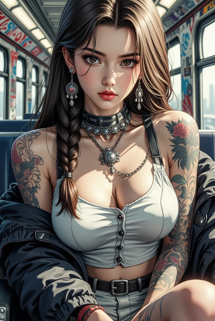 ankymoore, Bottom-up view, 1rapper with dread hair with tattoos, White and red sexy clothes(cameltoe), Graffiti background, (master masterpiece,), (bestbestquality:1.2), absurds, intricated detail, floral, Leaf, roots