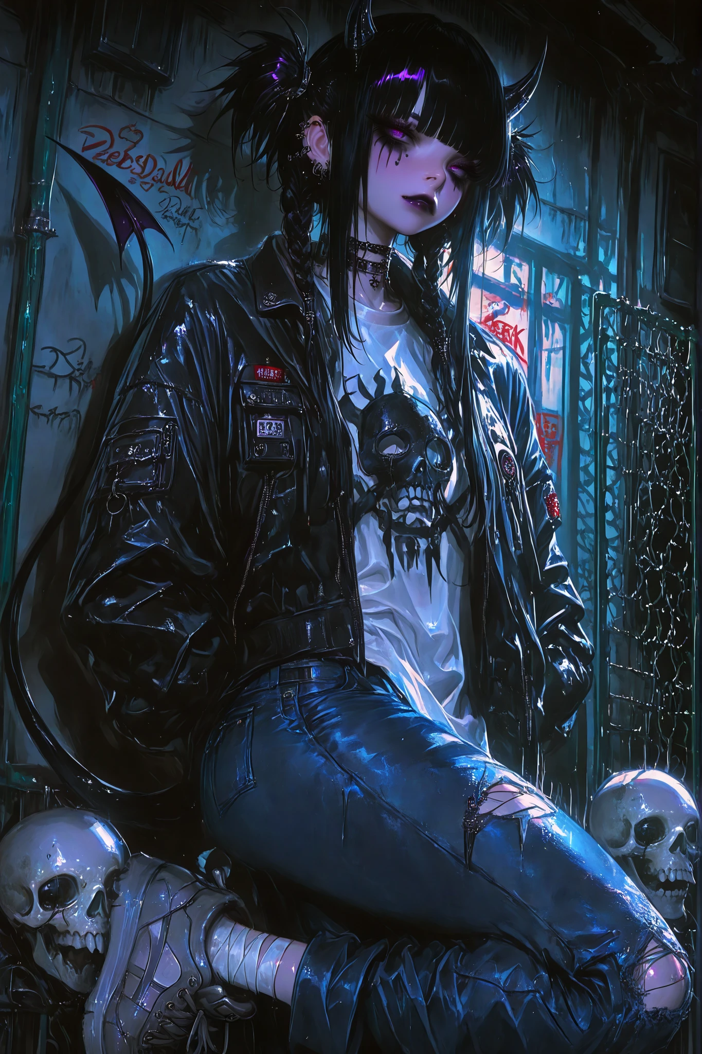 (tangobat:0.7),(Sakimichan:0.7)(High CT quality,4k,High resolution,main piece:2.3),(Very detailed,Realistic:1.37,Best quality,masterpiece, high resolution,on_body), (Tyndall effect,photorealistic, Edge lighting, Two-color lighting),(high definition skin:2.3), (8K UHD, DSLR quality, soft lighting, high quality, surround lighting, sincere, de 8K , 4K, 8K.) skinny tired girl is belong to emo/goth subculture. She has long black hair with white highlighted strands in her long emo bangs that hide half of her face , Her hardstyle gathered in two black high messy spiky long pigtails with tiny white braids. She has a lot of metal hairpins, barrette, hair clips on her bangs. Her eyes are purple. She has black Gothic makeup: black lipstick,black eyeliner and leaking mascara, black eye shadow. She has a lot of piercings and tattoos. On her neak she wears a spiky choker. She is dressed in a gray torn brand T-shirt with a skull print or metallica band, a bomber sport-jacket with set of safety pin and badges, oversized jeans with ripped holes on her knees, and gray sneakers. Her palms is bandaged. on her forehead two obsidian black devil horns,behind her back devilish pointy tail. She is walking around. On background: an alley where the walls are covered with graffiti and the passage is twisted by a chain-link fence. on the background is fogy abandoned city.