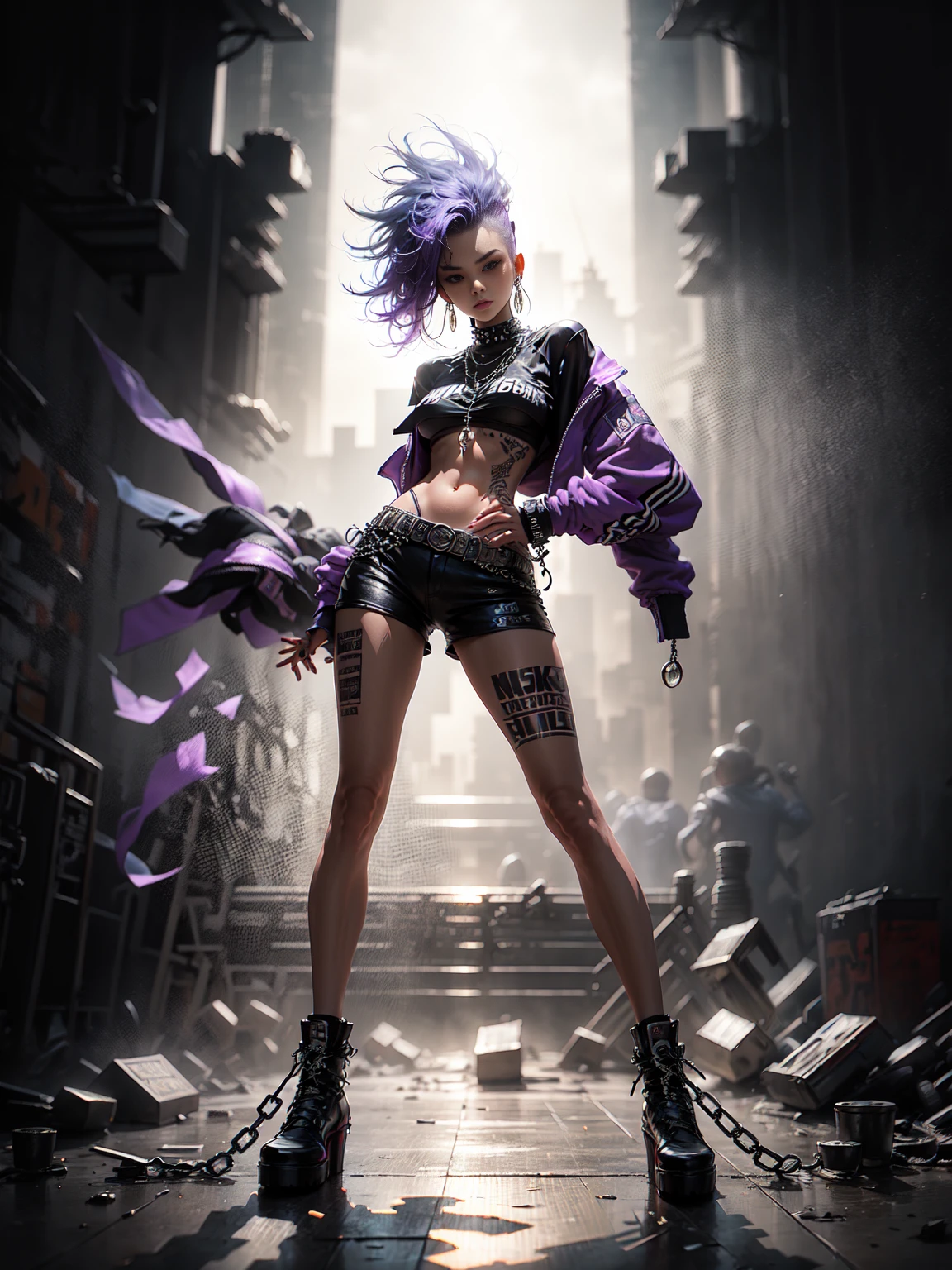 models, professional:1.6, (best quality,4k,8k,highres,masterpiece:1.2),ultra-detailed,realistic,punk style,punk fashion,full body shot:1.5,general shot:1.5, rebellious,spiked clothing,chain accessories, rebellious pose,high mohawk,violet hair,colorful,edgy background,studio lighting,dynamic pose y elegante