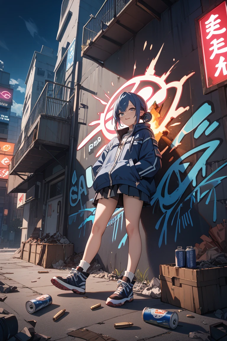Girl with short black hair、A girl wearing a blue jacket hoodie is looking at the camera、full body Esbian、Top image quality、digital anime art、Colorful Digital Painting、Anime Style 8K、digital anime illustration、a beautiful anime portrait、Vibrant digital painting、Detailed Digital Anime Art、