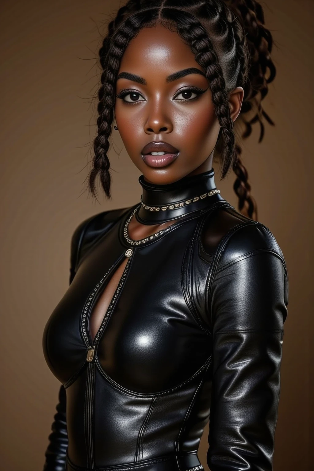 mixed woman, young, black lipstick naked, african braids, dimples, thick belt around neck, naughty expression, shiny latex bodysuit, close-up, UHD, retina, masterpiece, accurate, anatomically correct, textured skin, super detail, high details, high quality, award winning, best quality, highres