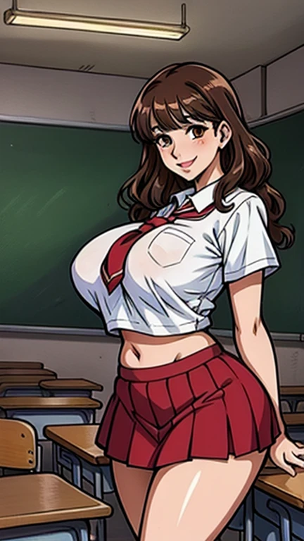 absurdres, highres, ultra detailed, high quality, (1girl:1.3), azumanga daioh's school uniform, huge breasts, brown eyes, brown hair, glasses, mizuhara koyomi, azumanga daioh, long hair, long sleeves, pink shirt, pleated skirt, red skirt, school uniform, serafuku, frown, sulking, tsundere, wide hips, thighhighs, breast curtains, curvy, no bra, gigantic breasts, thick thighs, thighs, classroom, masterpiece, collarbone, large breasts, blush, indoors, blurry background, large hips, huge butt, plump, sexy, Milk meat spilled from the armor, bubble butt,Smell,Breasts are larger than the torso,Crazy swollen breasts,(Exaggerated body proportions),(Nine-headed body),a plump buttocks,slender leg,Thick thighs, camel-toe,Lift, extremely tight clothes, extremely delicate and beautiful, perfect lighting, perky breasts, (((wide hips))), ((thick thighs)), (chubby), chubby belly, fat rolls, belly hang, intricate background, detailed background, busty, gravure pose, {{masterpiece}}},{{{best quality}}}, (gigantic breasts), (curvy:1.5) , (depth of field), (blurry foreground), (blurry background), (1girl), (motion blur), (photo \(medium\)), (big ass), (looking back), (from behind) looking at viewer, large breasts, standing, bare shoulders, parted lips, shiny, high heels, sheath, fishnets, skin tight, shiny clothes, impossible clothes
