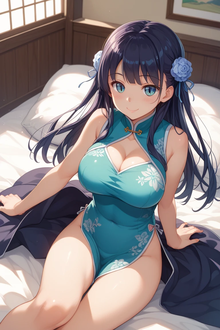 masterpiece, best quality, ultra detailed, ultra high resolution, very detailed face, (((solo))), anime, top down angle, 20 years old girl, slim, (((lightblue yukata, sleeveless))), (((bare thighs, pantie))), ((black short hair, chignon)), (((large breast, expose the cleavage of the breast))), little smile, in the room