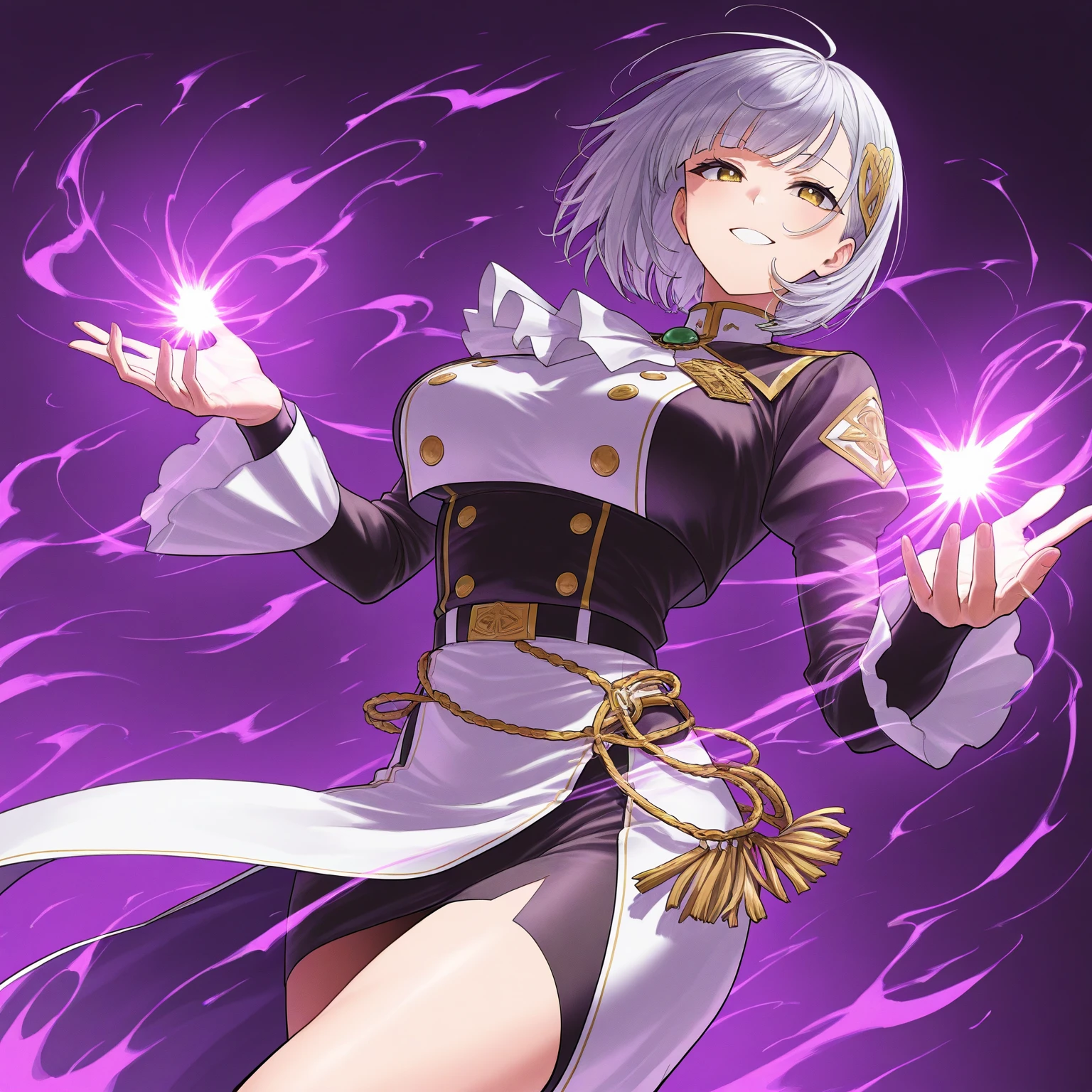 vector art, 1girl, hime cut, white hair, blunt bangs, ahoge, blush, yellow eyes, short girl, little tits, showing tits, grin, full body, short girl, grin, grinning, moody, black pants, white cape with golden edges, flat color, thick outline, outline