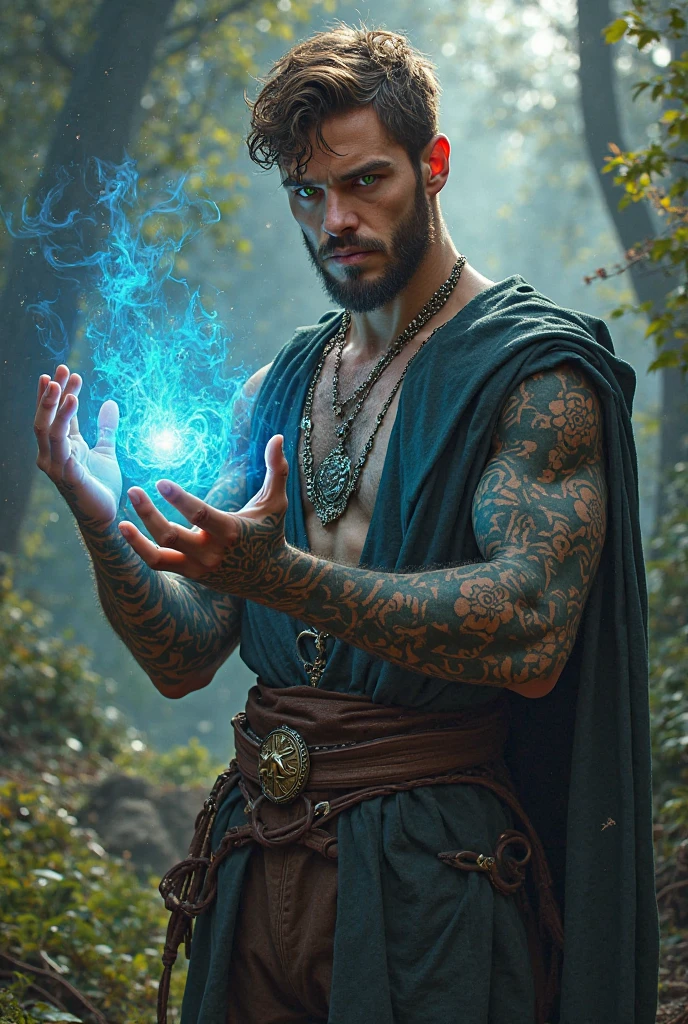 Absurdres, Masterpiece, Excellent, a tall muscular young man, solo, perfect facial features, (short hairstyle:1.5), sexy gaze, beautiful, gorgeous, wet, digital painting, elemental wizard, slimming, elf, gray pupils, floating ball of element, wizard outfit, relax, detailed background, Fantasy, Magical, Mystical, Ethereal, Unique Style, Surreal, Symbolic, magical tattoos, looking at the viewers romantically,