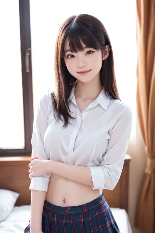 Japanese female, (underweight), (flat chest best quality:1.5), 30 years old, (cheerful grin:1.3),white dress shirt, naked shirt,cleavage ,open shirts,large shirts,no panties,bottomless,(see-through nipples:1.1),
