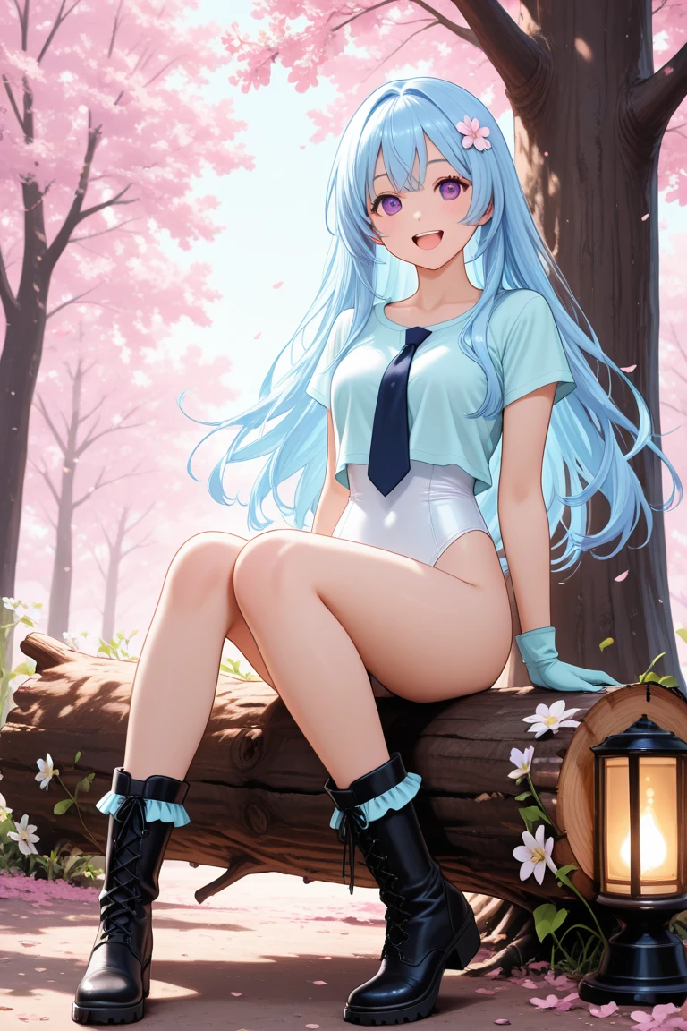 1 girl, alone, nejire hado, long hair, blue eyes, very long hair, blue hair, (bright pupils: 1.5), smile, (Blue lingerie: 1.4), blue bra, blue thong, black pantyhose, standing, al outdoors, city, (cowboy photo: 1.5), (masterpiece: 1.2), best quality, high resolution, background Screen size Unity 8k, (artwork: 0.8), (beautiful eyes detailed: 1.6), extremely detailed face, perfect lighting, extremely detailed CG (perfect hands, perfect anatomy), large breasts, medium waist, wide hips, medium thighs, round butt, facing viewer, head-on, point of view (from below), sexy body, perfect hands, perfect anatomy,