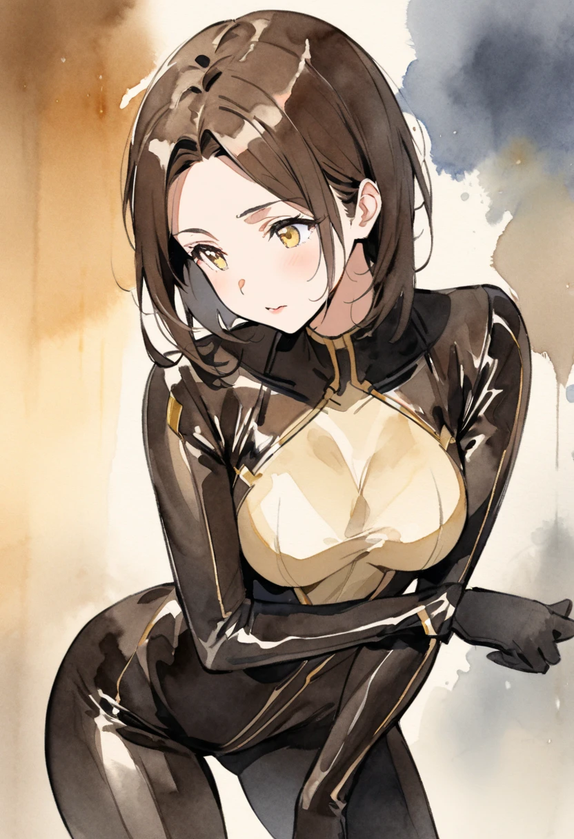 (highest quality:1.4)、High resolution、detailed background、(detailed beautiful face:1.4)、anatomically correct、detailed facial expressions、beautiful and smooth skin、beautiful age girl、(huge breasts:1.4)、cute hair color、braided long、realistic、perfect body line、attractive ass、
Light brown lightweight rubber suit、Zipper fully open and chest flapping、No sleeve、emphasize cleavage、cowboy shot、
A low-angle close-up that emphasizes the lower body、Super close-up shot from directly below、Sexy high leg、Super-detailed rubber suit、show your armpits、Clothes get wet and become transparent、My clothes are wet and transparent、camel toe、Looking at me with a big smile、cute