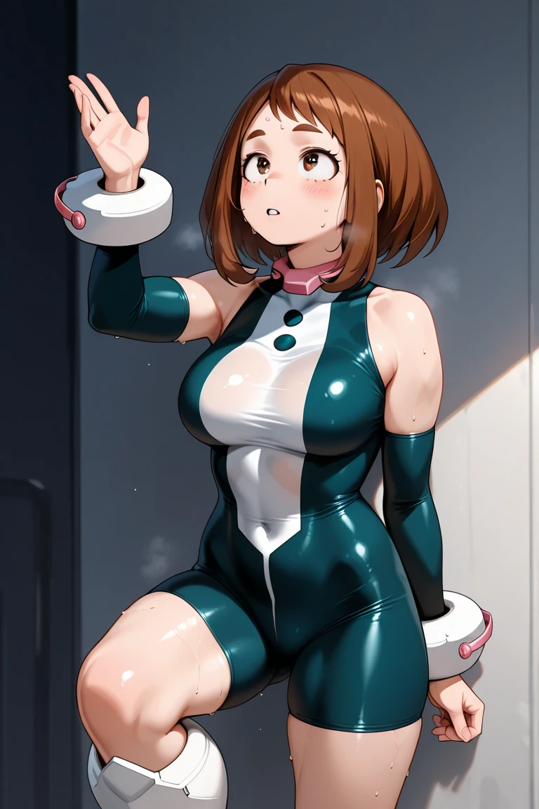 Brown-haired bob-cut woman in a hero suit showing her arms folded behind her head, contemptuous gaze, glaring, embarrassed, tearful, her whole body is wet with white liquid, her face and chest are yogurt, sexy woman with legs open at M, panchira, panties biting, beautiful woman, dirty with yogurt all over her body, abandoned toilet