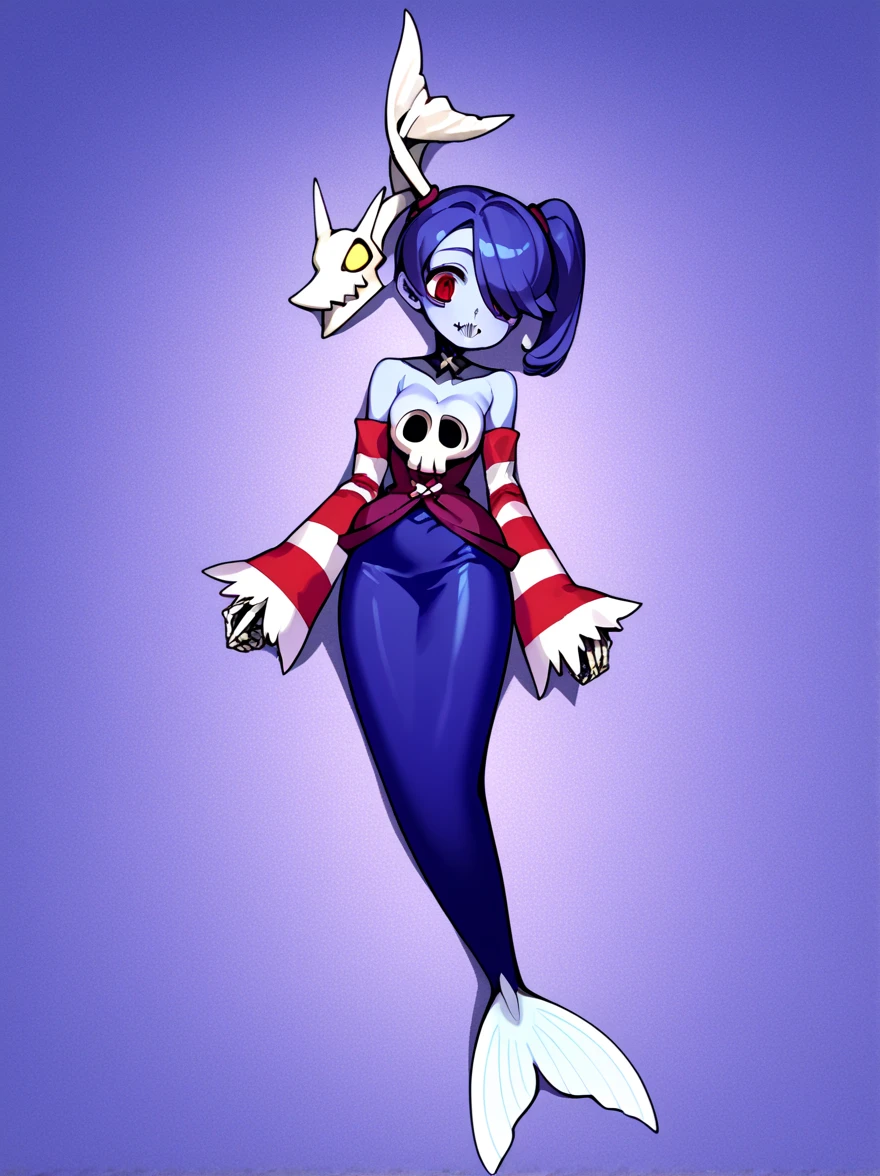wavy, 1 li, solo, small breasts, looking at viewer, bare shoulders, open sleeves, hair over one eye, red eyes, side ponytail, a ponytail, loose collar, skull, ((blue skin)), stitches, zombie, striped sleeves, stitched mouth, extremely detailed, highly detailed, perfect face, beauty, perfect eyes ((skeletal arm, vivid tails, big butt, big lips)), baggy eyes, makeup, big eyelashes, cute, adorable , serious, ((leviathan: 1.3)), full body, in lingerie, ecchi anime style, full body art, ecchi style, anime character, kneeling