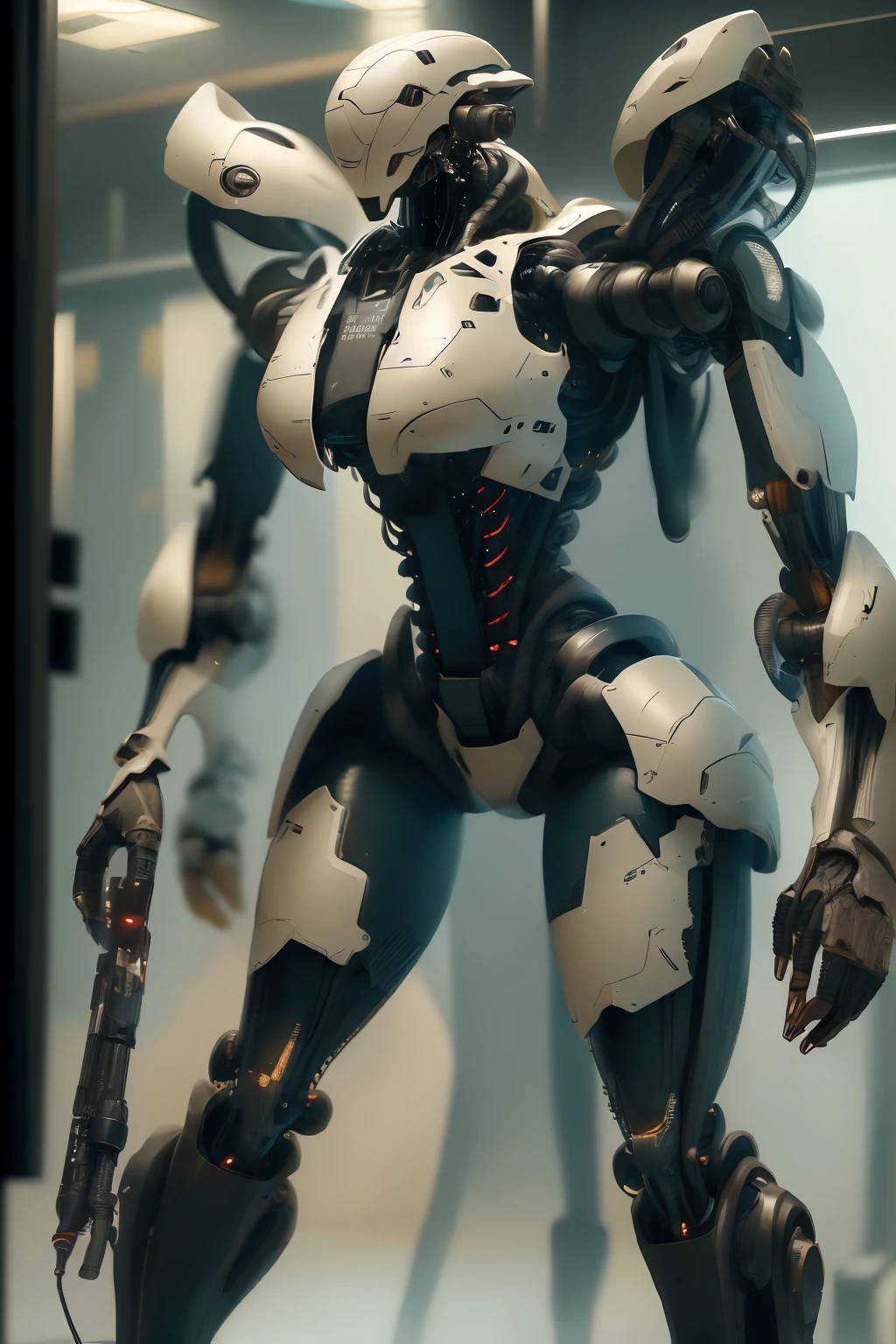 Very cute human 18 year old girl face, doll-like body with robot arm, robot waist and legs, very cute and feminine, short, petite, small, full hip, medium bust, tight-fitting white armor, cleavage, flat belly visible, helmet with antenna, robot joint, very stylish, Black rubber bodysuit with zipper