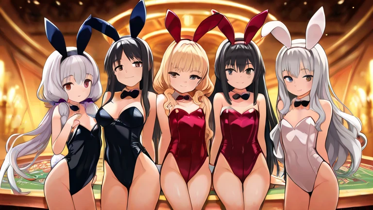 Masterpiece, high quality, anime screencap, (thousands of, crowd of), 100girls, crowd shot, girls in a row, girls close together, brown hair, long hair, curly hair, hazel eyes, decent bust, (playboy bunny, bunny girl uniform, leotard, black high heels), smile, flat_color, casino