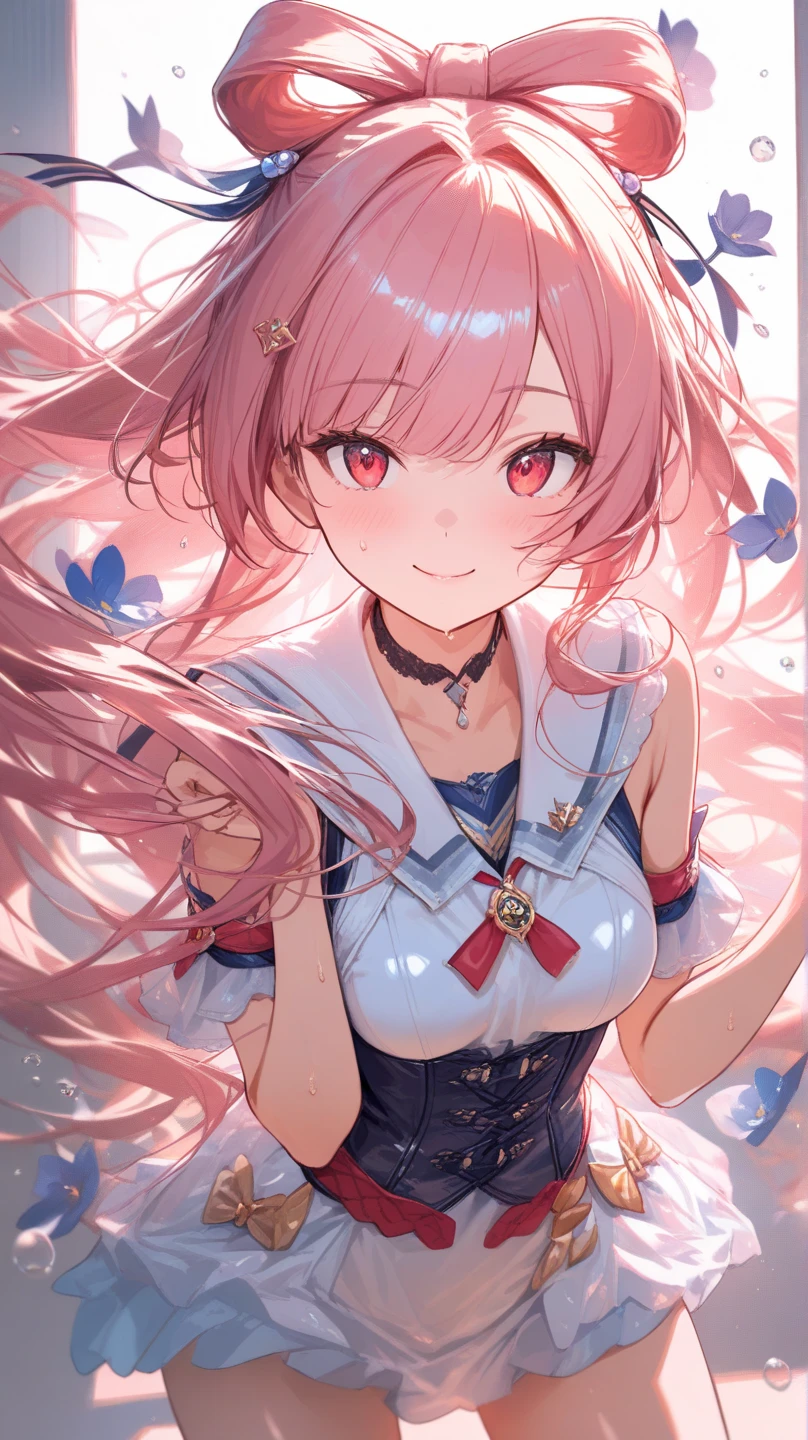 highest quality、High resolution、Detailed Background、(Beautiful face in every detail:1.4)、Anatomically correct、(Detailed facial expressions)、Teenage beauty、(Highly detailed face:1.4)、(Huge breasts:1.3)、Accentuate your cleavage、Show your side、A big smile、smile、
A sailor dress with a fluttering pink ribbon、A soft silhouette、Pretty figure、Cute gestures、
Standing on stage with big shining eyes、A sparkling smile that captivates the audience、A clear singing voice echoes through the venue、I was enchanted by the heart-tugging voice.、Her small hands move gracefully as she sings、I'm fascinated by her angelic behavior、A dreamlike sight、I am fascinated by her pure expression.、This moment is so wonderful I want to hold it forever、I'm grateful for the miracle of meeting this lovely girl.、A goddess of the stage who continues to shine forever、cute