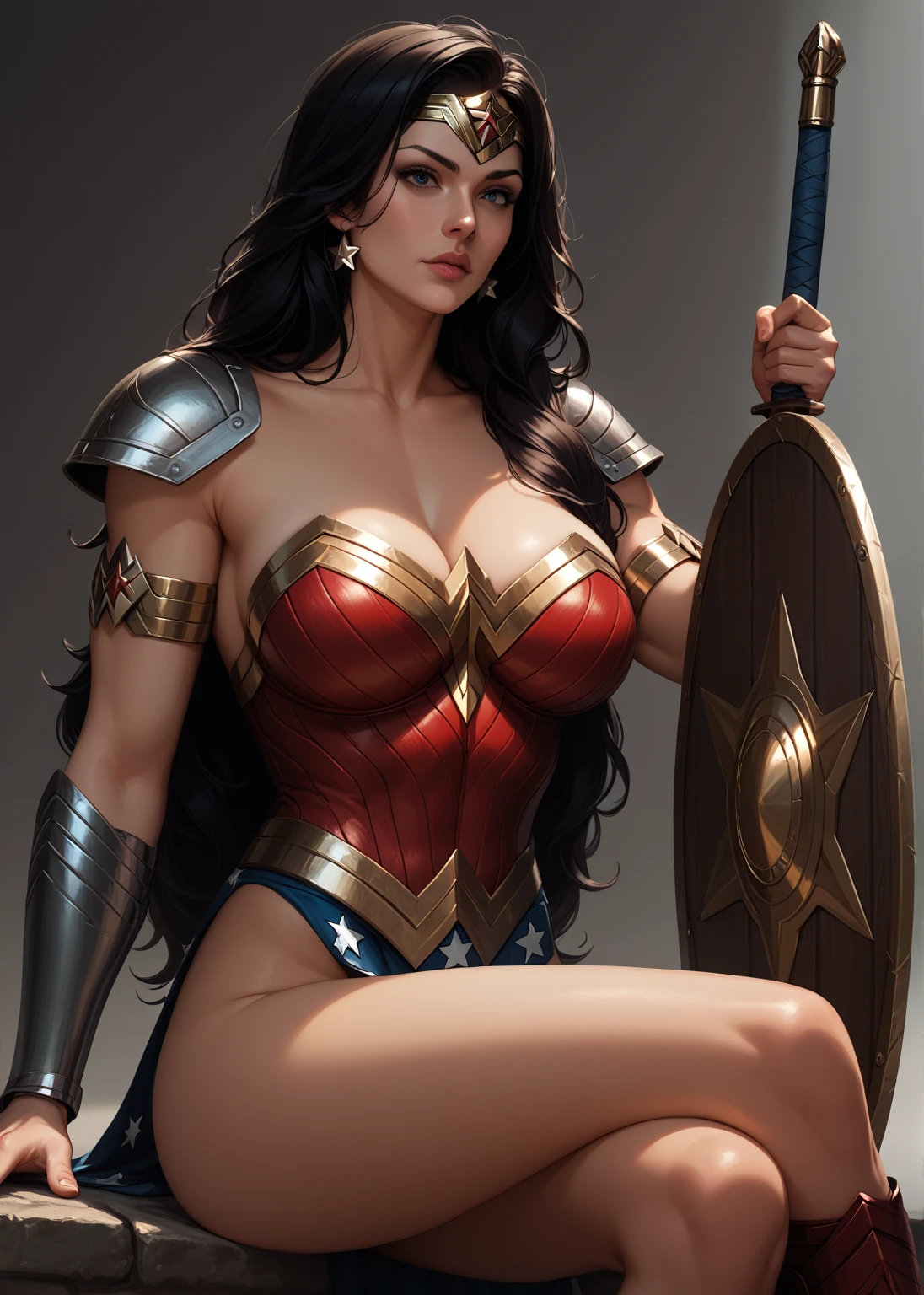 diana, black hair, blue eyes,  tiara,  
blue underwear with star \(symbol\),  red top, collarbone,  arm bands,  armor,  hips, 
standing, upper body, solo,  large breasts,   
morning, island,
(insanely detailed, beautiful detailed face,beautiful detailed eyes, masterpiece, best quality),solo,  <lora:wonderwomanIJ2-10v11:0.7>