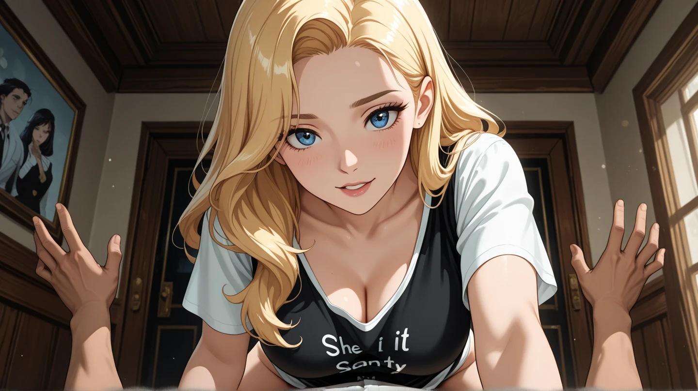realisticlying、45-year-old girl、Wearing a sheer tank top shirt,Face enhancement,Chest super large zoom,Cleavage emphasis,Looking up from the bottom,Blonde Hair,Blue eyes,Blushing,Red lips,A sexy,Bed sit,stick out your tongue and open your mouth wide、Banzai、Wearing underwear,Wrinkles between the eyebrows,Sweaty face, oversaturated, film grain.