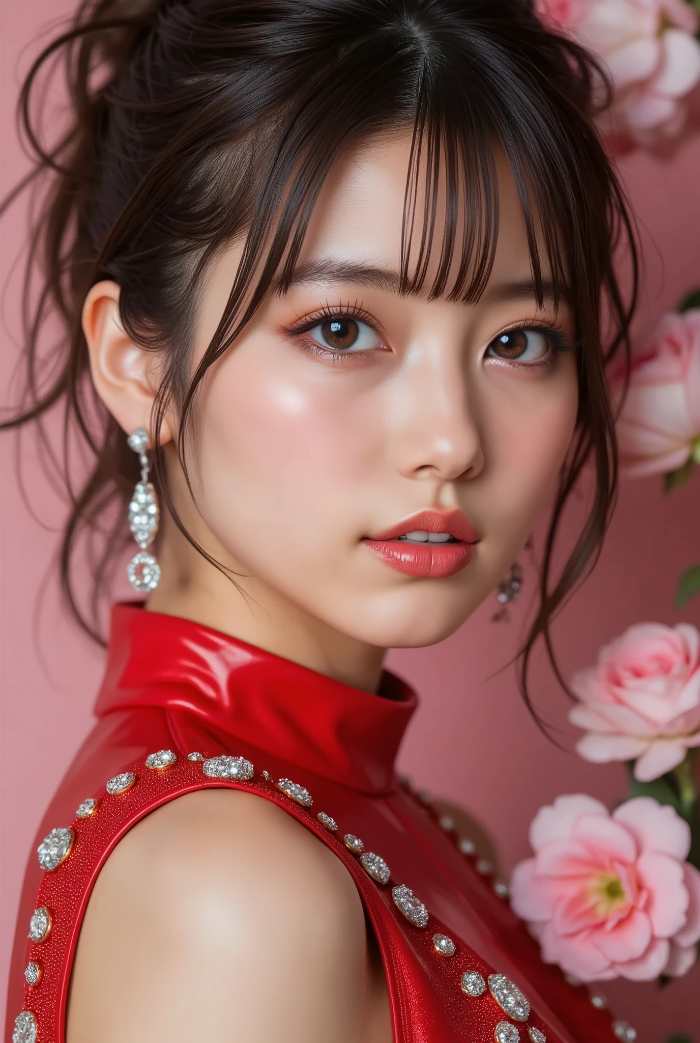 128,000 Female Models, Big Breasts, eye, ((Random short hair styles)), high resolution, upper body, no background, studio lighting, ((A beautiful face and brightly colored shining eye. She is wearing a red latex outfit adorned with crystals.. Beautiful flowers bloomed in the fields. Detailed view. bright colors. HD. ))
