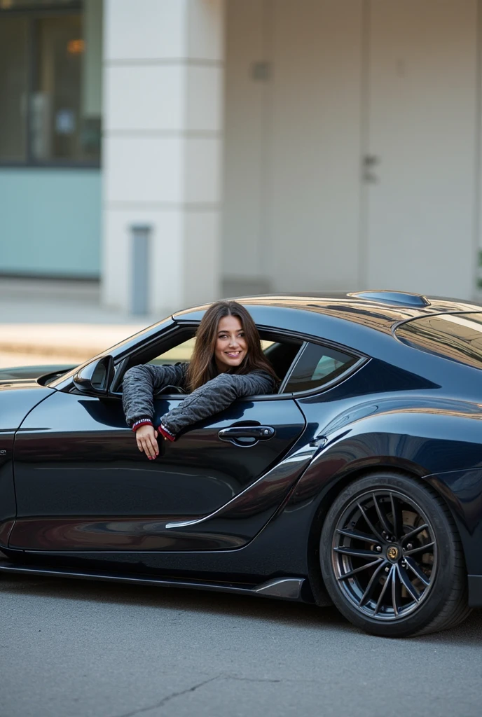 A 27-year-old French woman with long curly brown hair and bright blue and green eyes who drives a luxury car