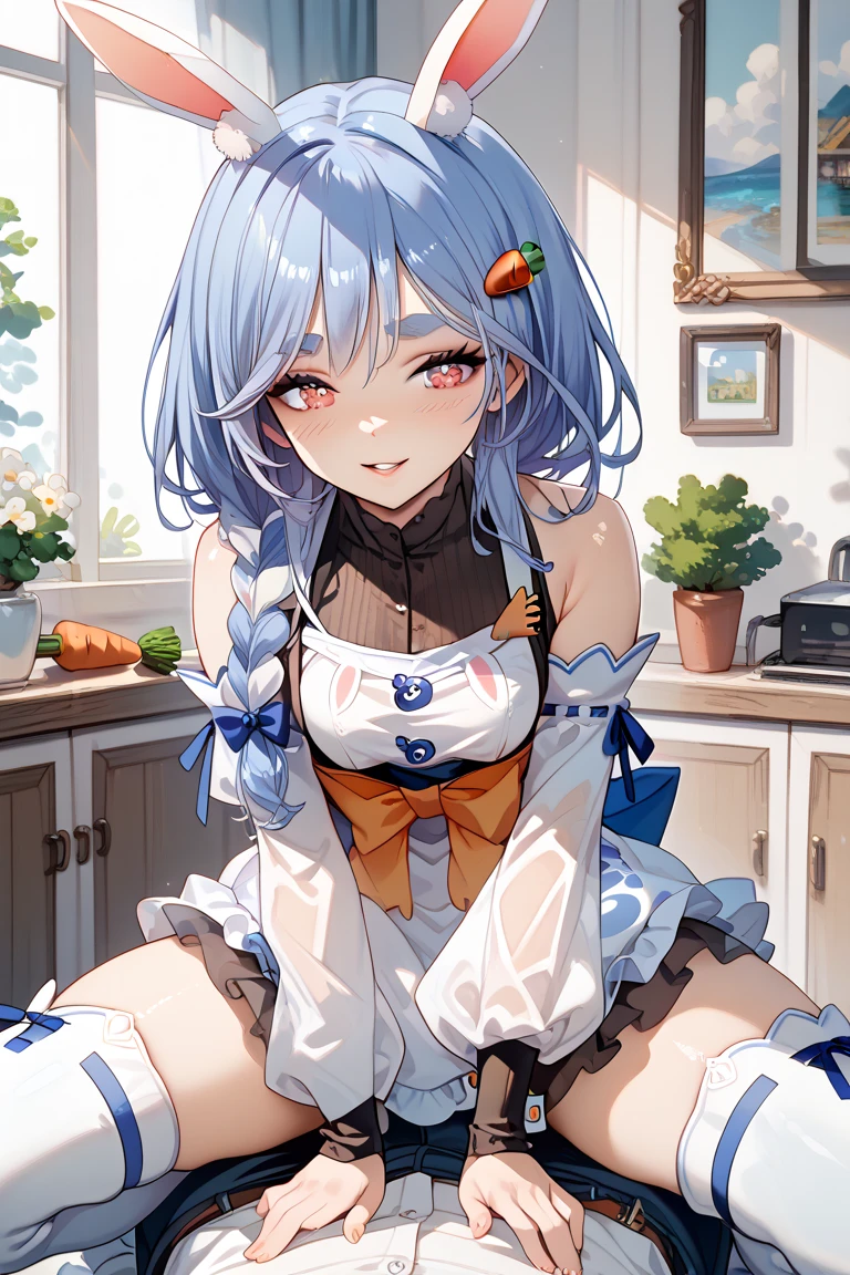 highleg,thigh gap, thigh boots,showgirl skirt,detached sleeves,lace trim,see-through, glitter,frills,embroidery,fluffy,ornament、wedgie、partially visible vulva,, Squatting Cowgirl Position
sex, hetero, girl on top, pekomamadef, thick eyebrows, bunny-shaped pupils, rabbit ears, animal ear fluff, apron, dress, detached sleeves, bow, carrot hair ornament
mature female